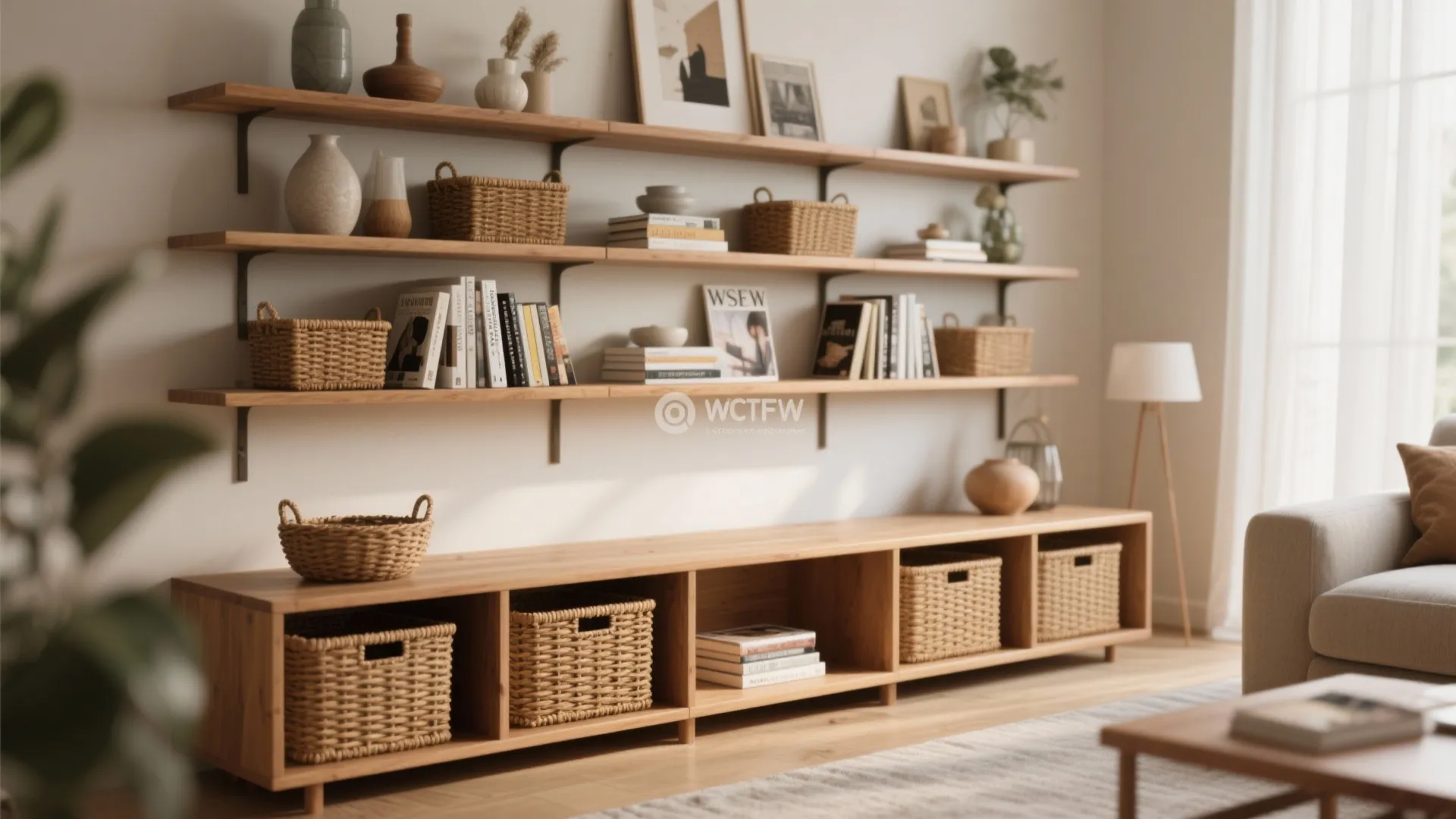 Open-shelf bench with baskets and curated decor for display and storage.