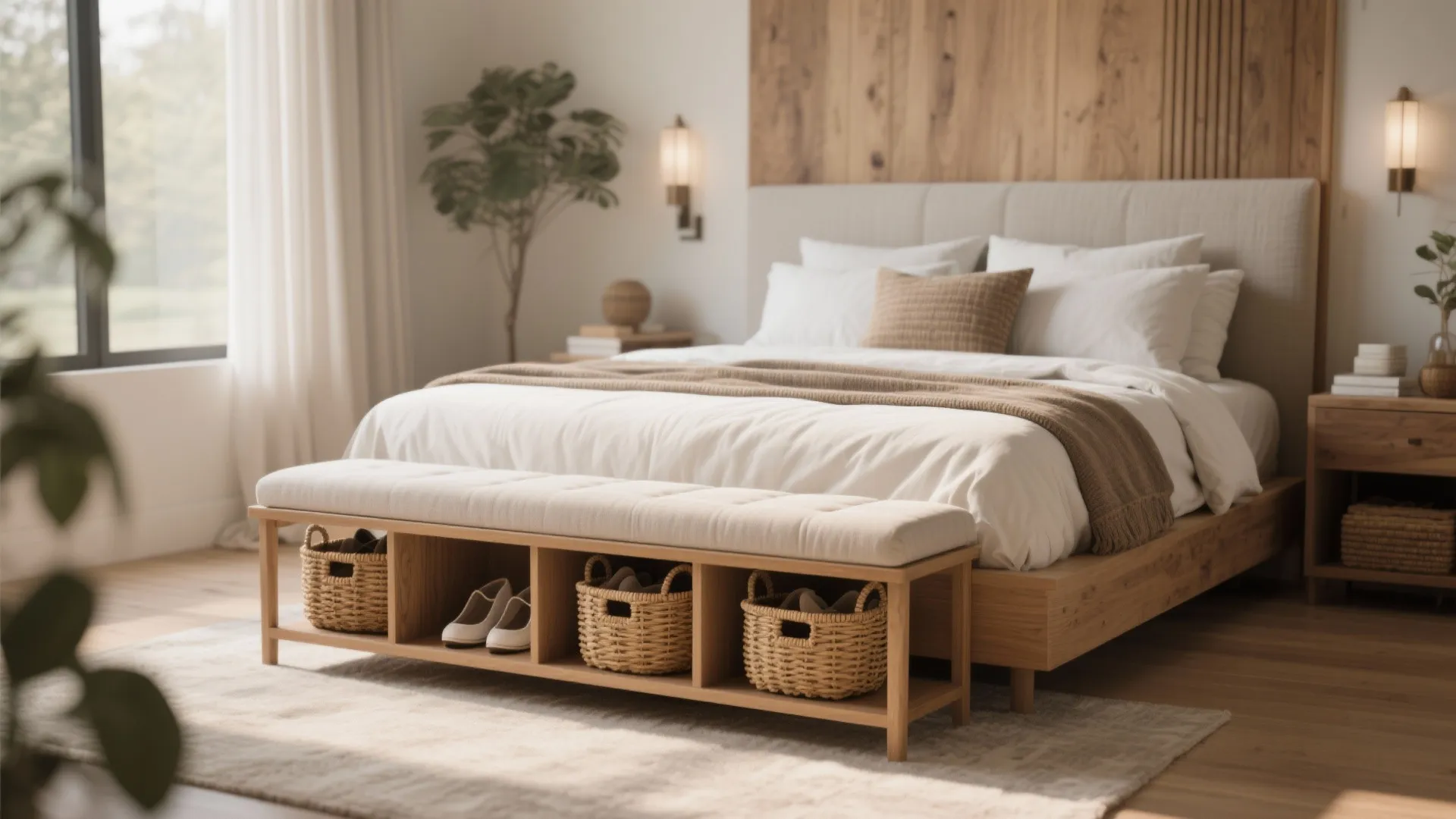 Modern bedroom featuring wooden bench with storage baskets white bed wall light and indoor plant