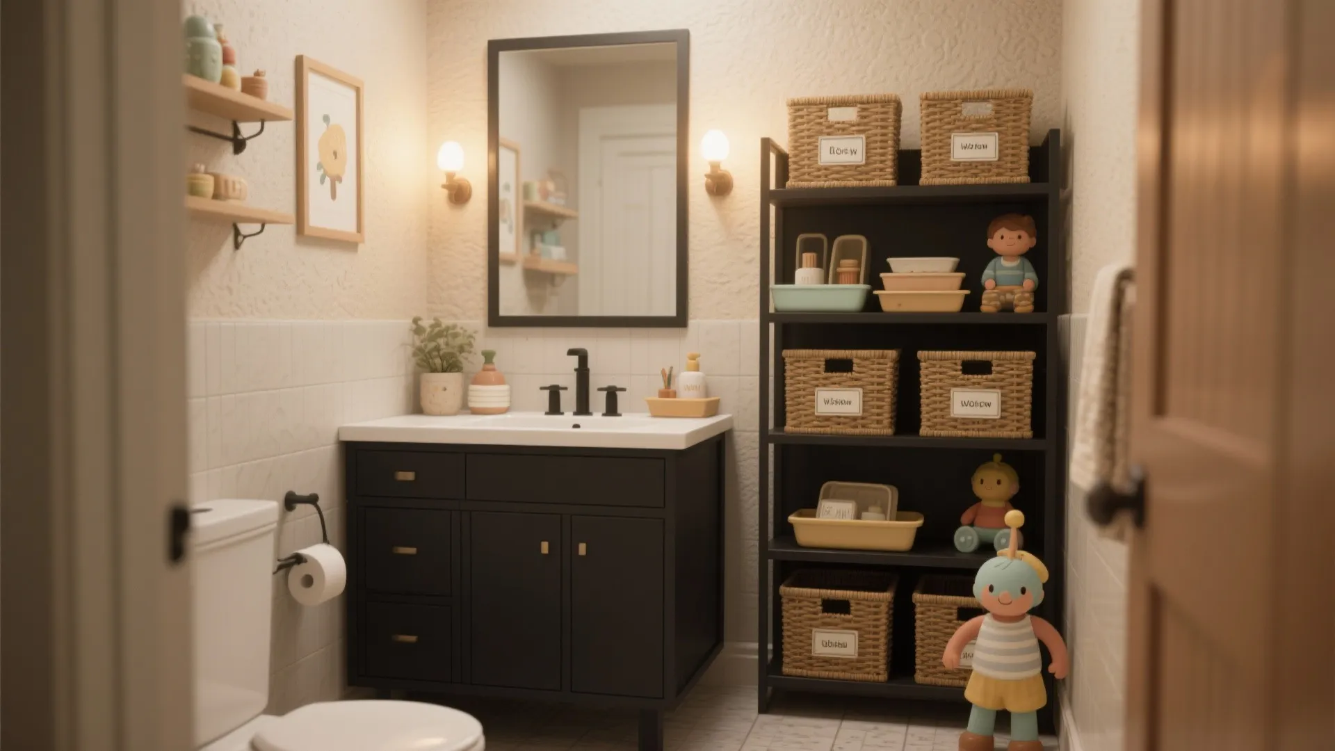 Small bathroom with a slim black vanity, open shelving and woven baskets for storage.