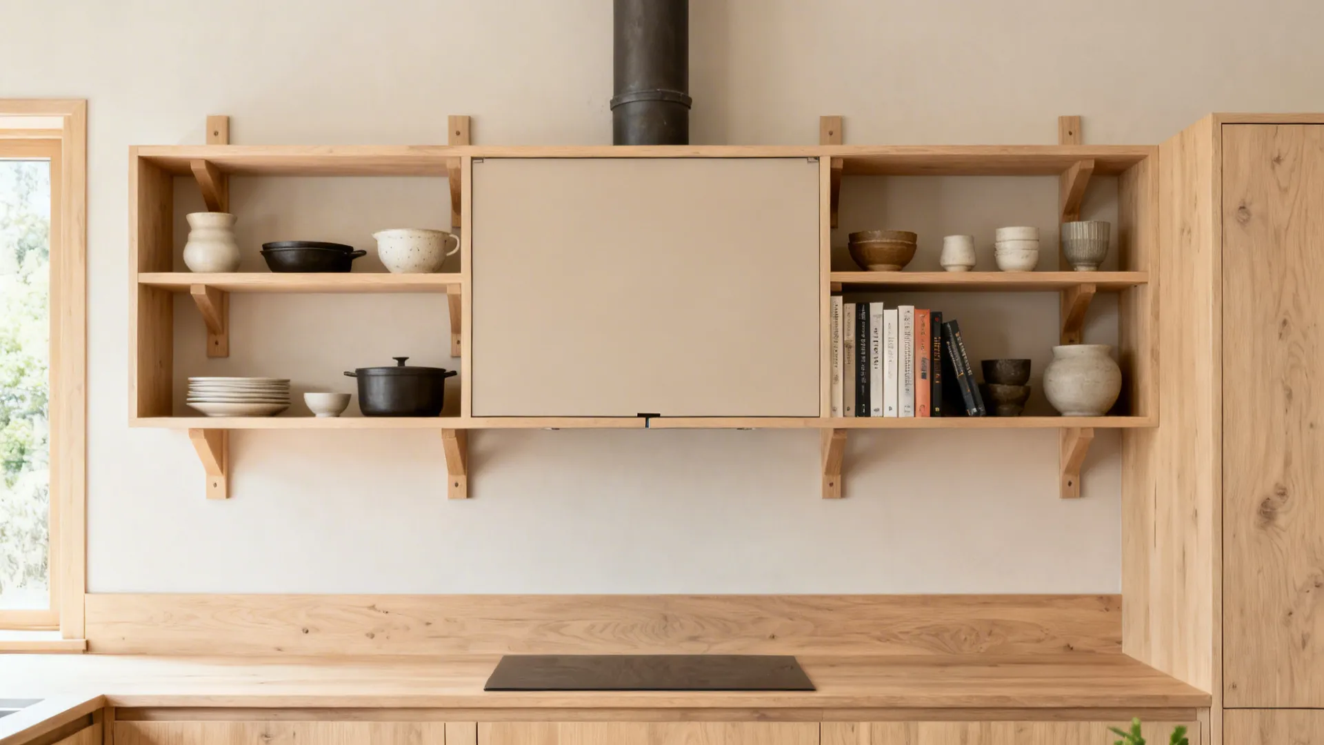 Wooden open kitchen shelves with bowls plates and books above a wood counter and stove