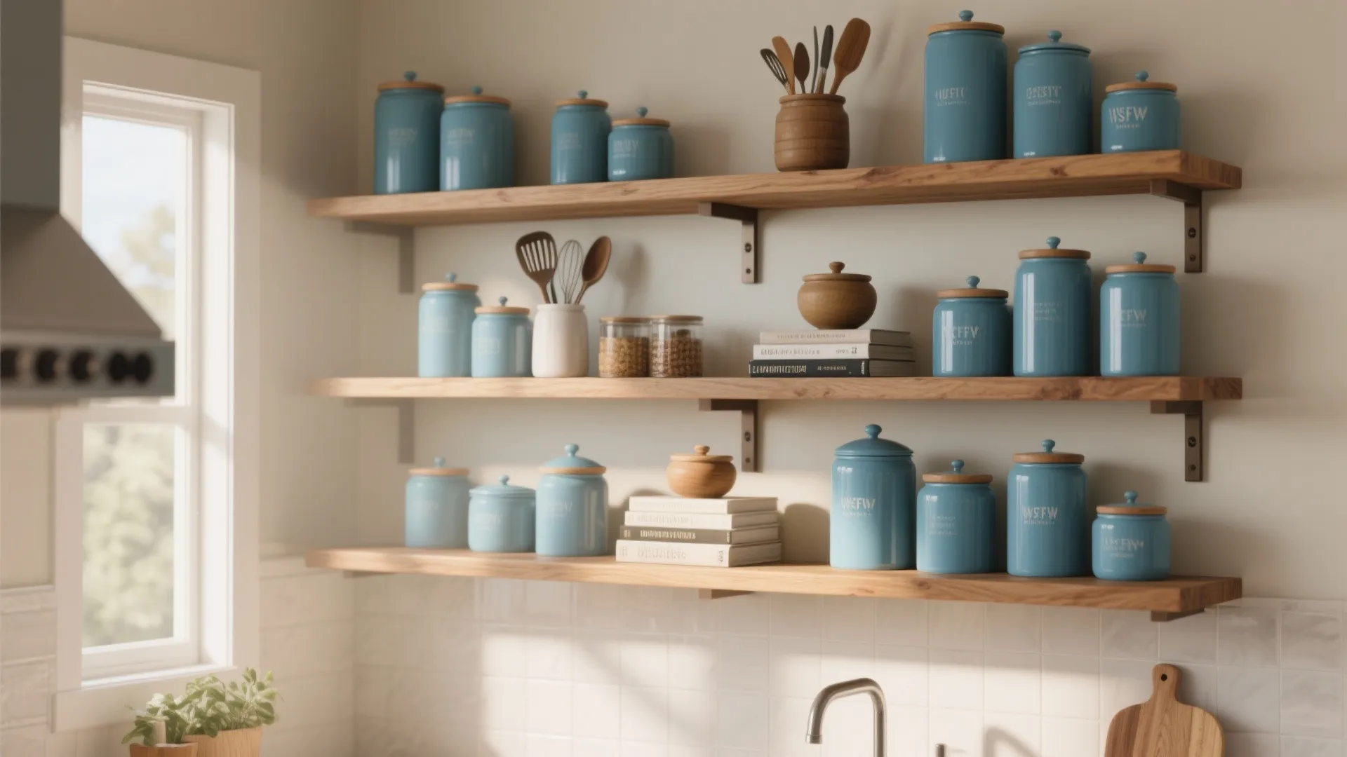 Modern kitchen with blue storage jars on wooden open wall shelves against a white wall