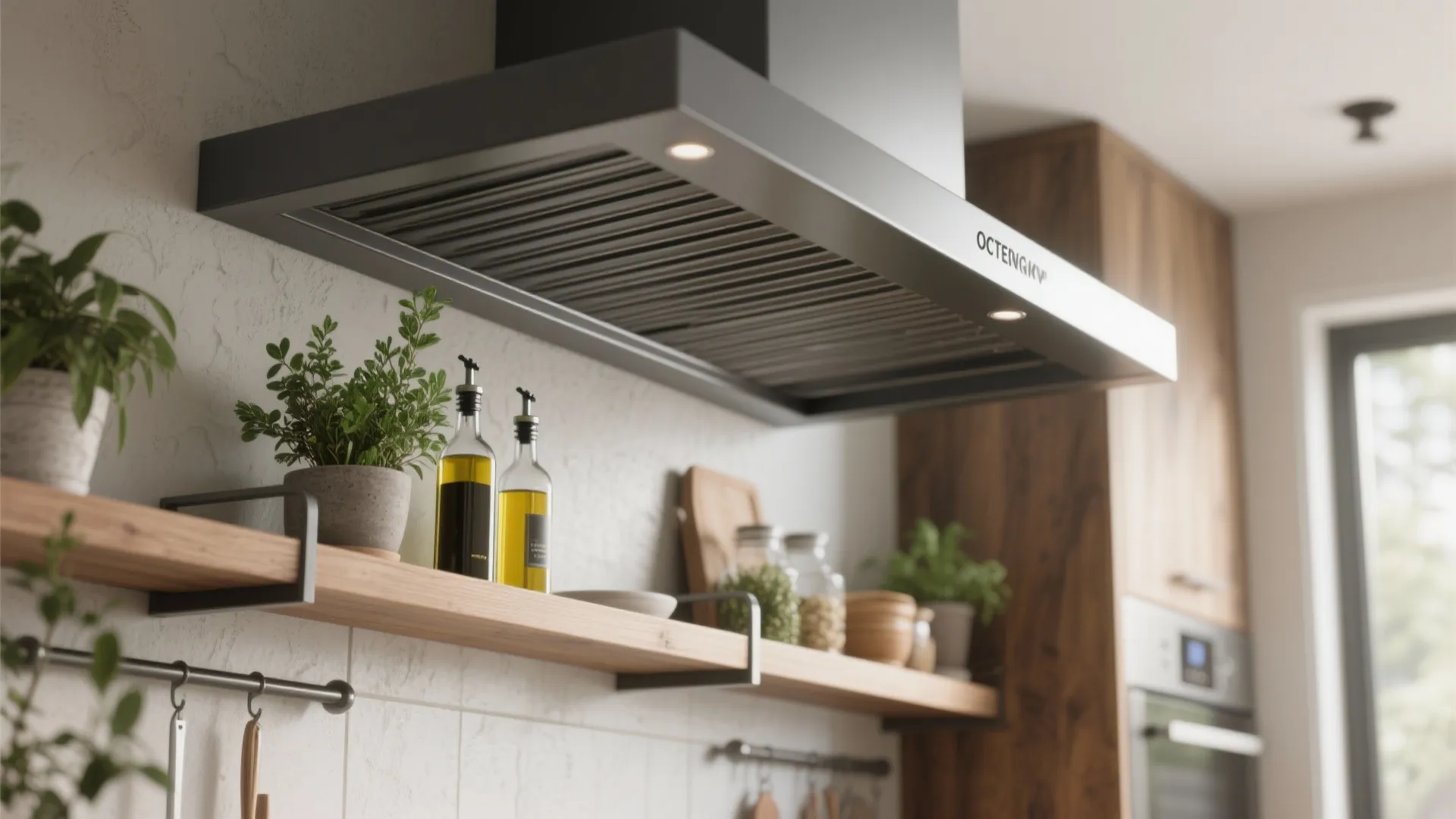 5. Open-shelf canopy hood — warm, modern, and customizable