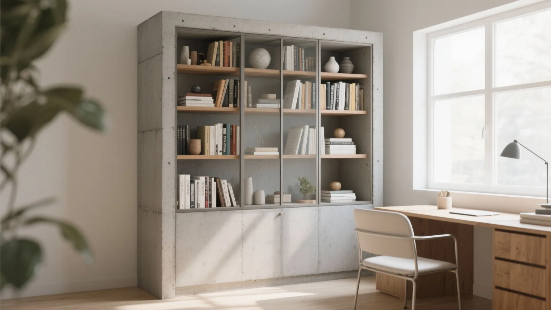 Modern study room with a grey concrete cabinet books glass doors and a wooden desk