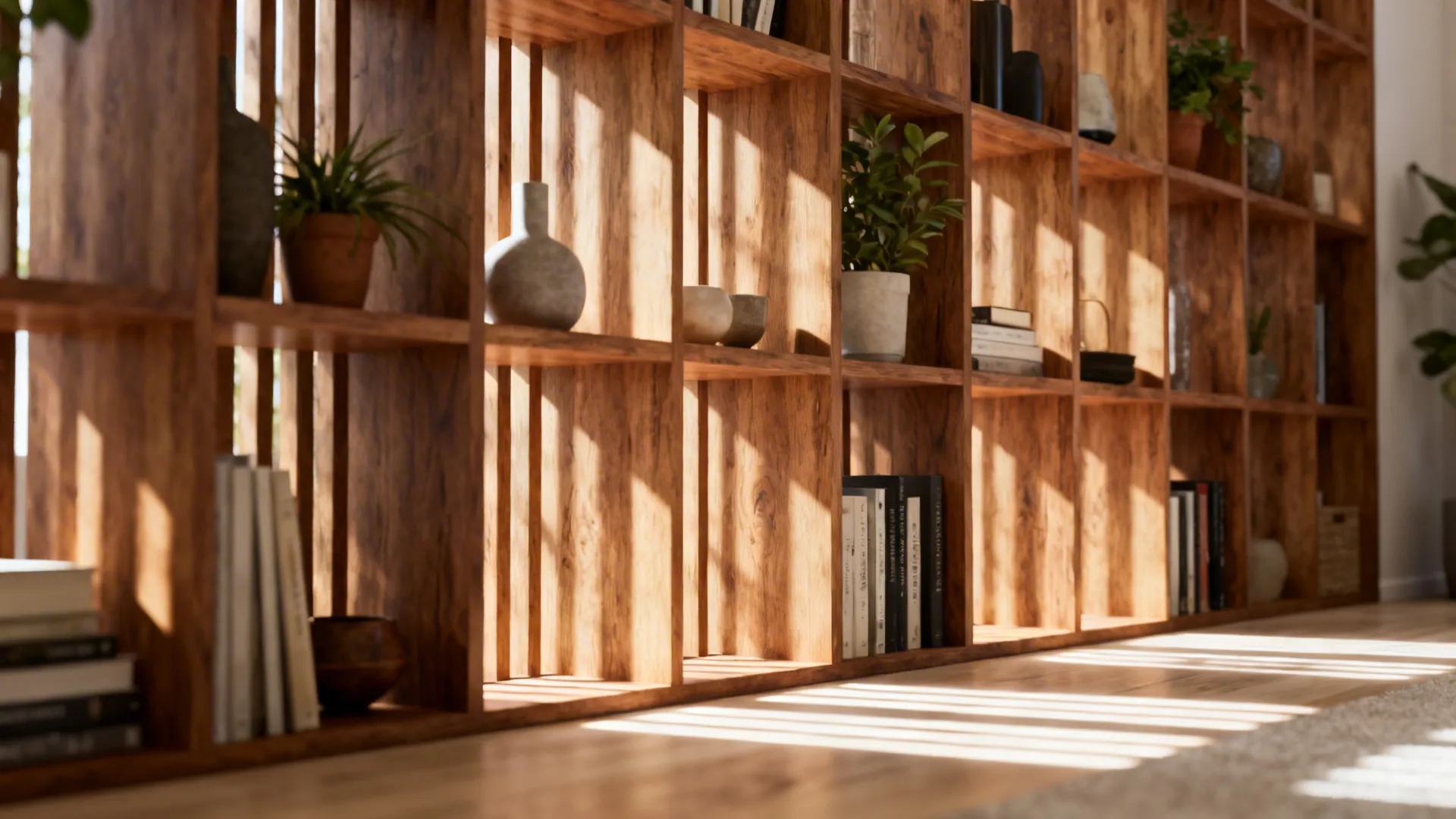 Close up of wooden open shelving unit with books potted plants and vases in natural sunlight