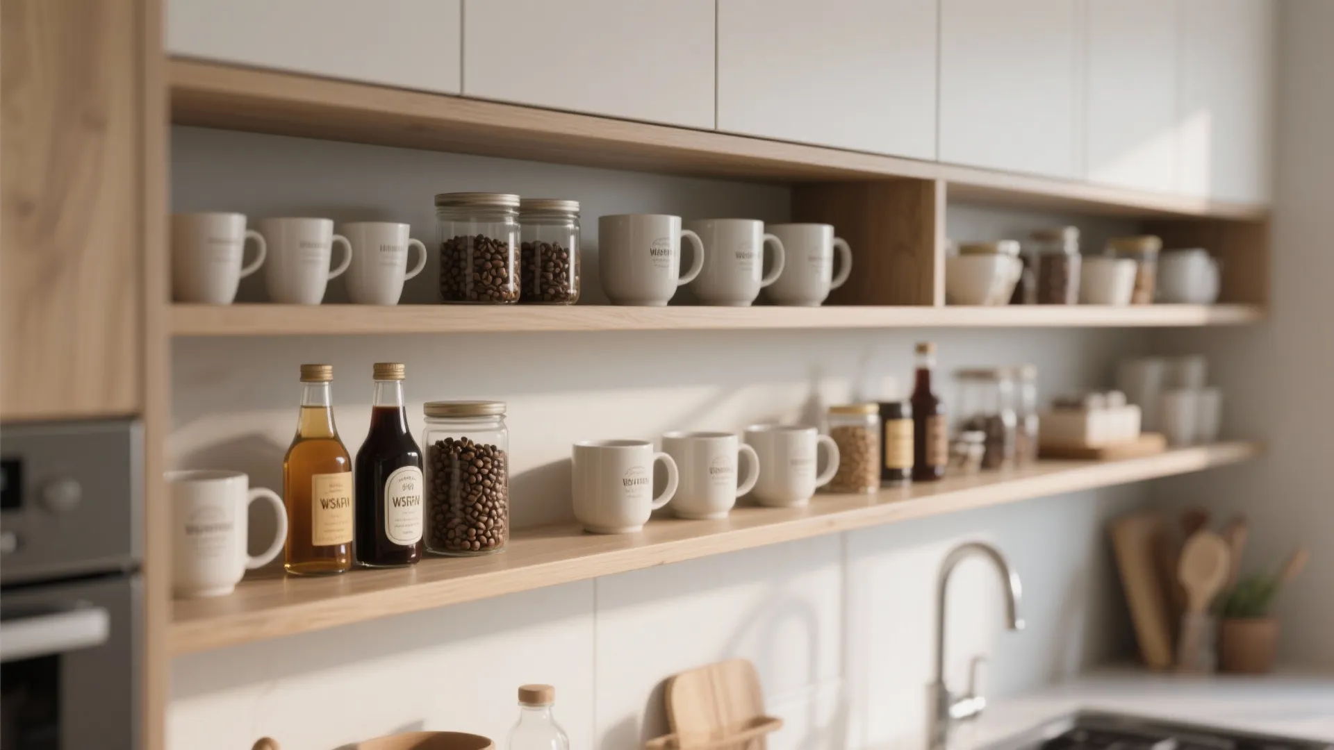 Close up of wooden open shelves holding white mugs coffee bean jars and glass bottles