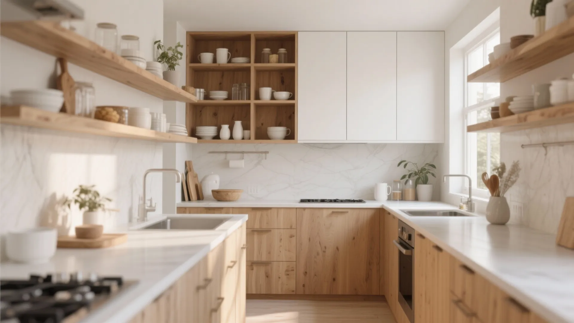 Modern wood kitchen design featuring open wooden shelves and white cabinets with marble wall tiles