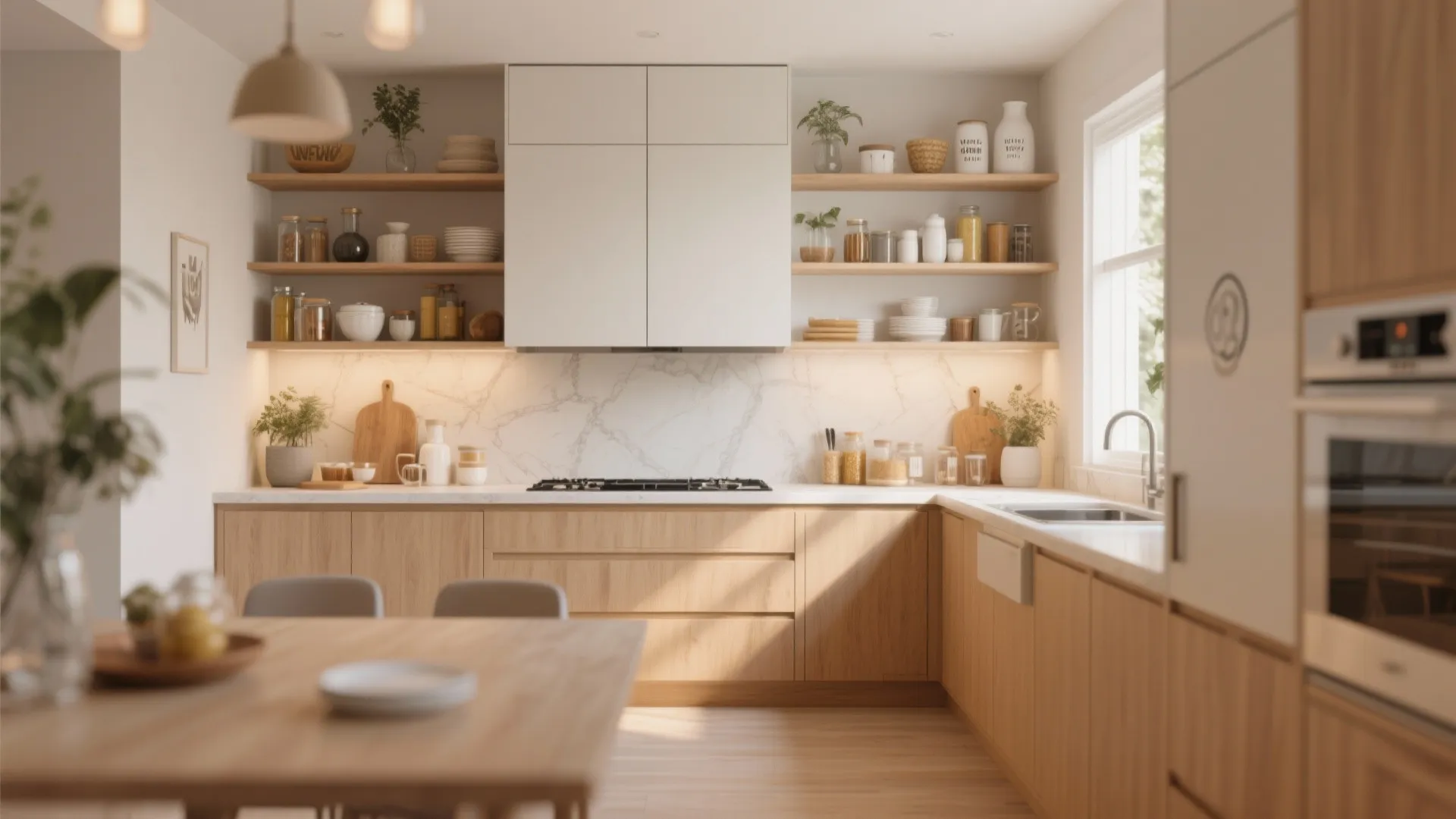 Bright kitchen featuring wood cabinets open shelves with jars white countertops and marble pattern wall panel