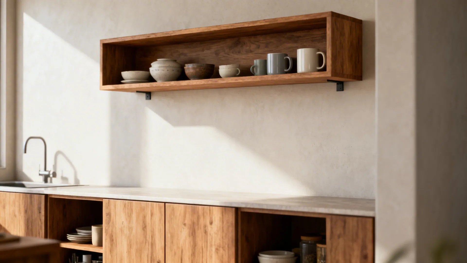 5) Open wood shelving paired with concealed storage