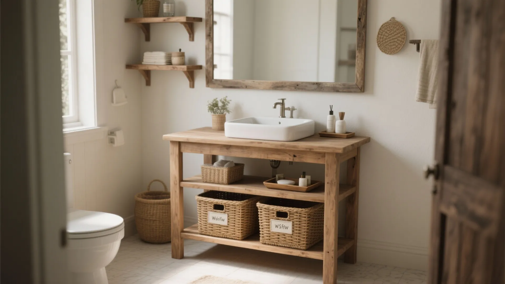 2. Open-shelf rustic console vanity