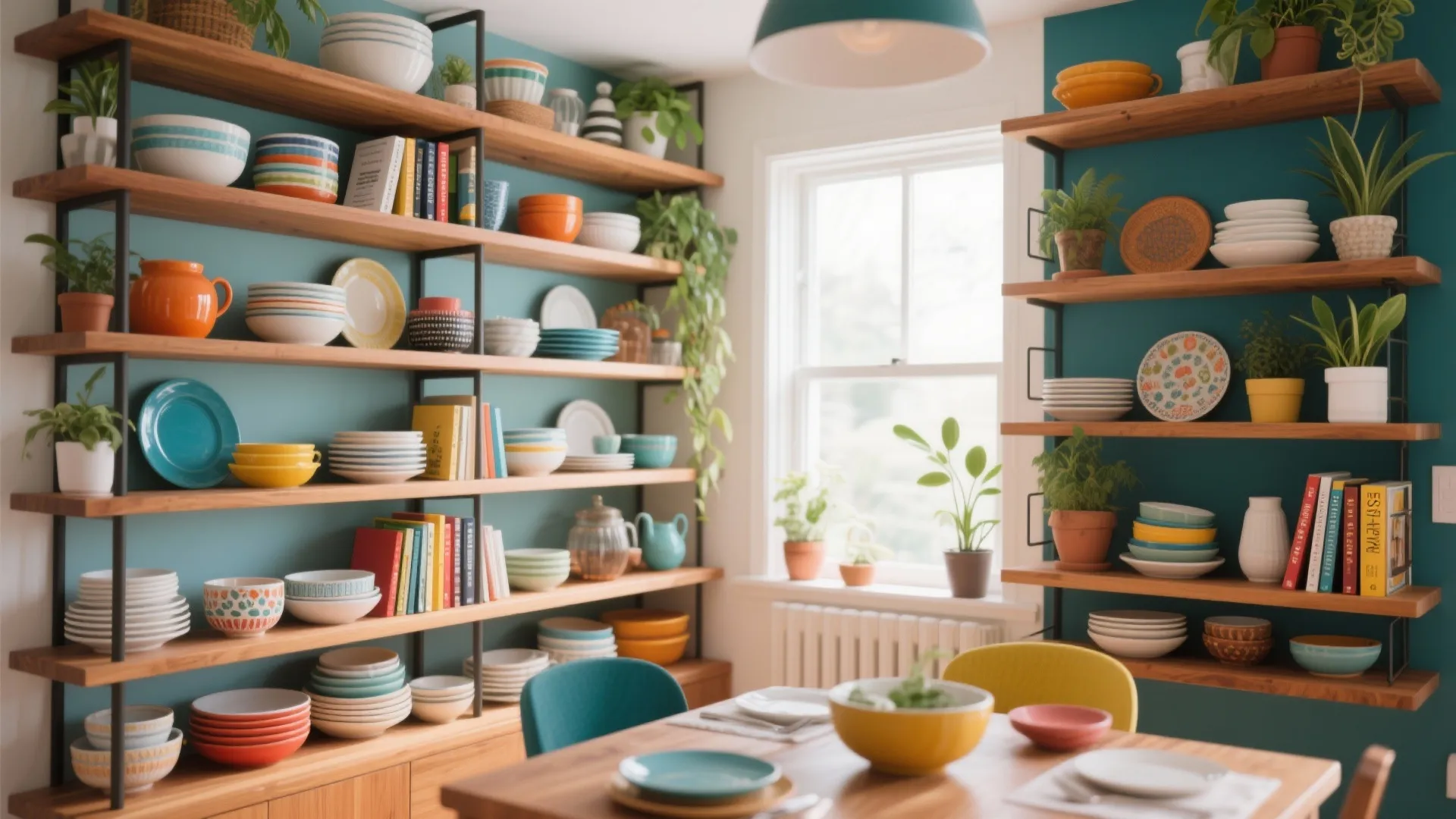 Colorful bowls and plates on open wooden shelves against teal wall with small green plants