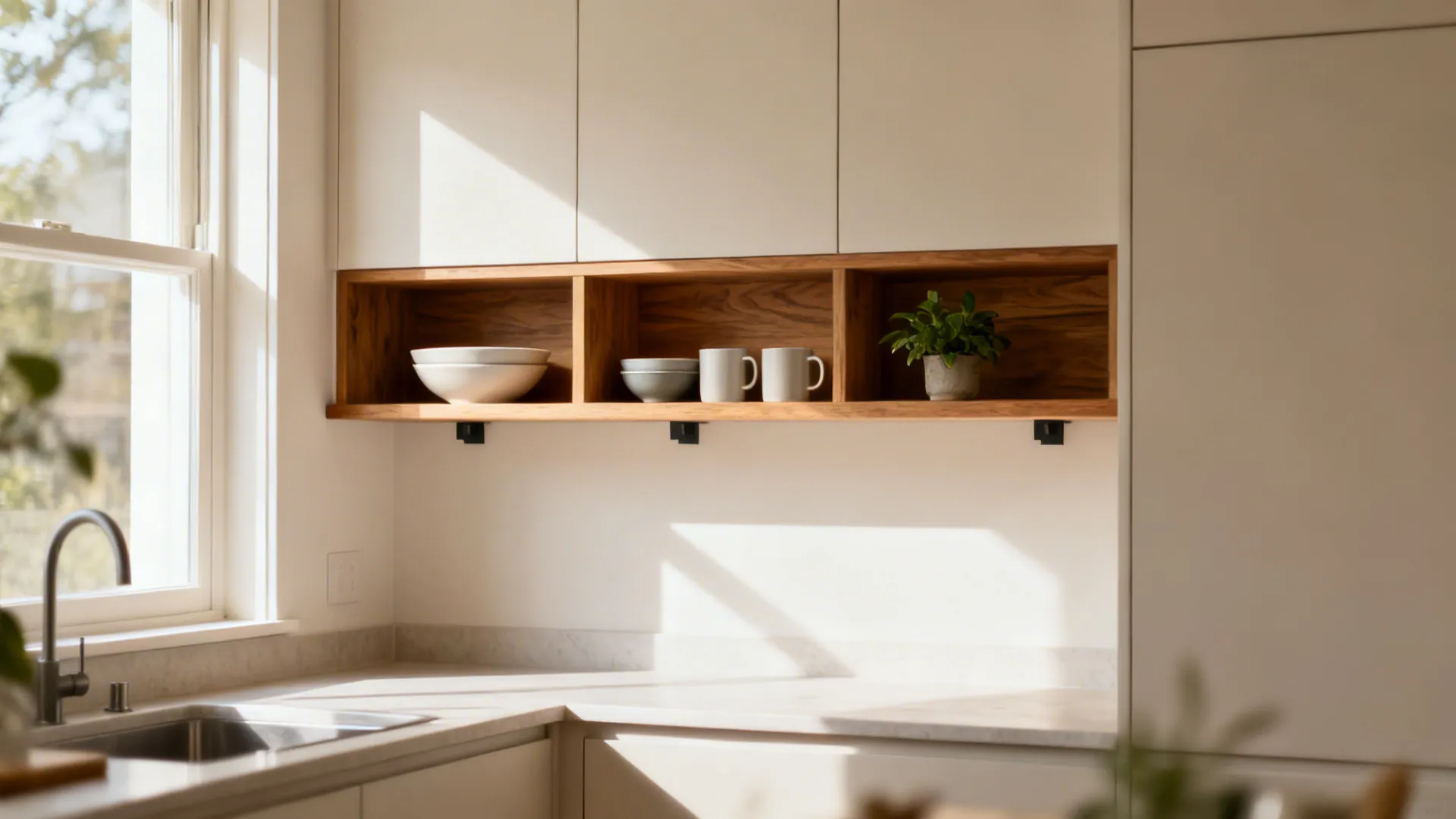 Short run of open oak shelves with curated bowls, mugs, and a plant near a window in a small kitchen.