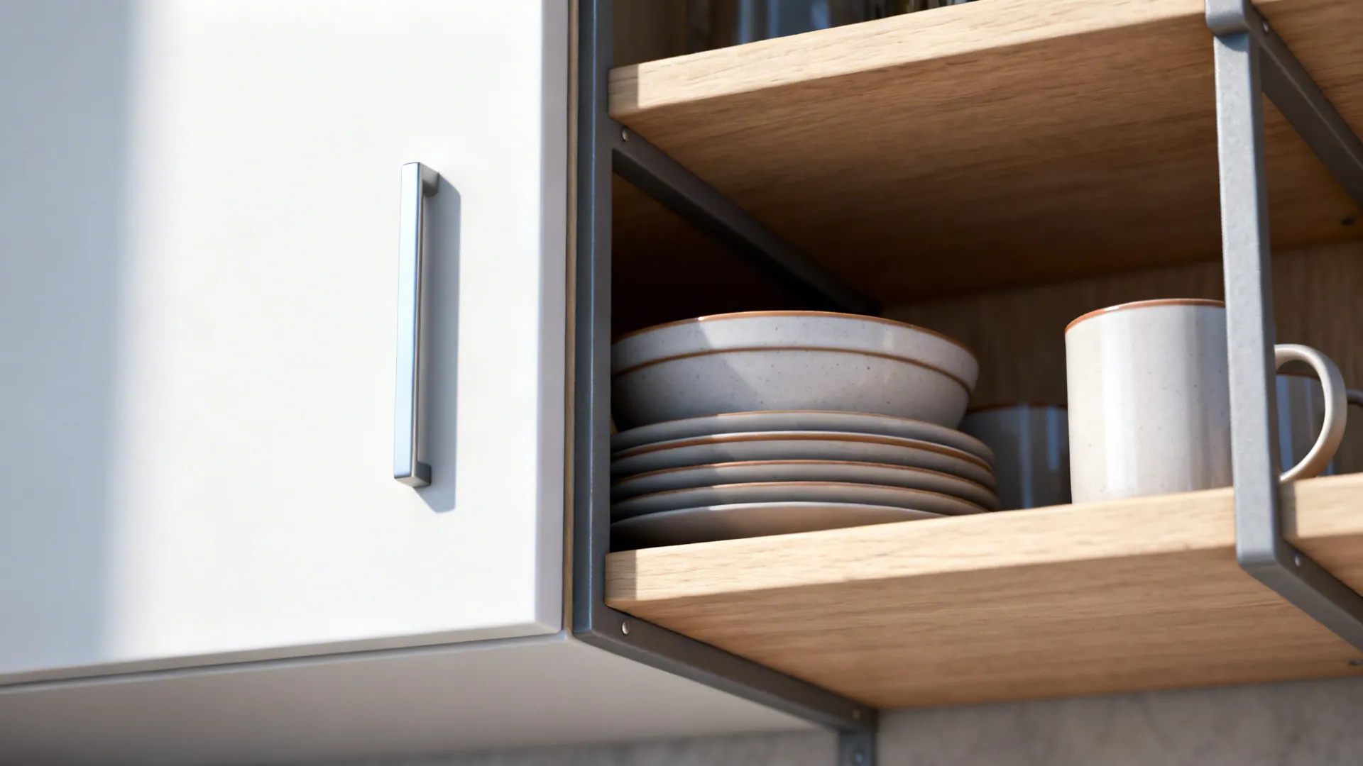 Close-up of a sealed wood open shelf beside a matte white upper cabinet door.