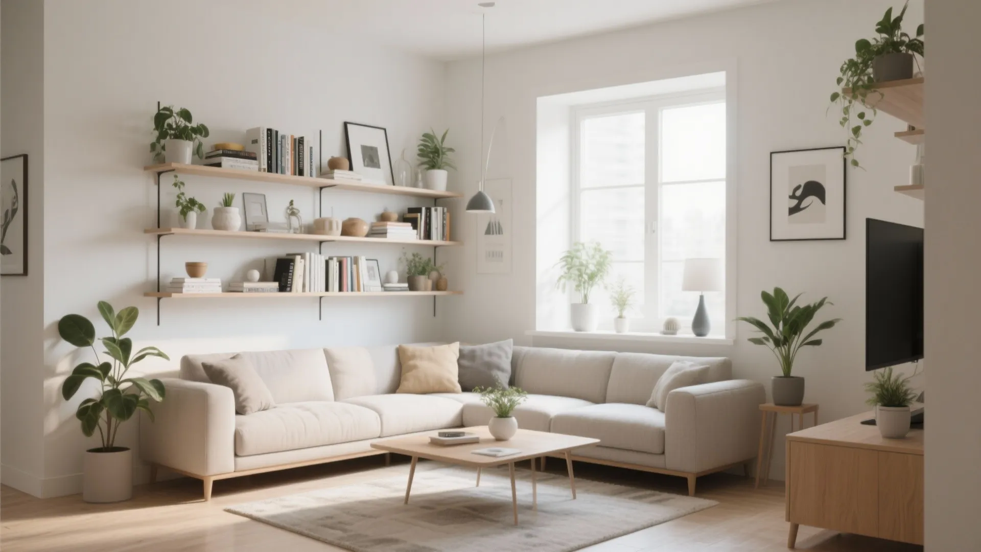 Warm living room with corner sofa wooden shelves with books plants coffee table and natural light