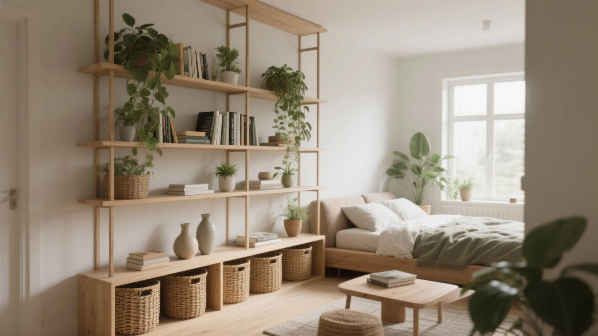 Modern bedroom featuring a large wooden open shelf unit with books plants and woven baskets