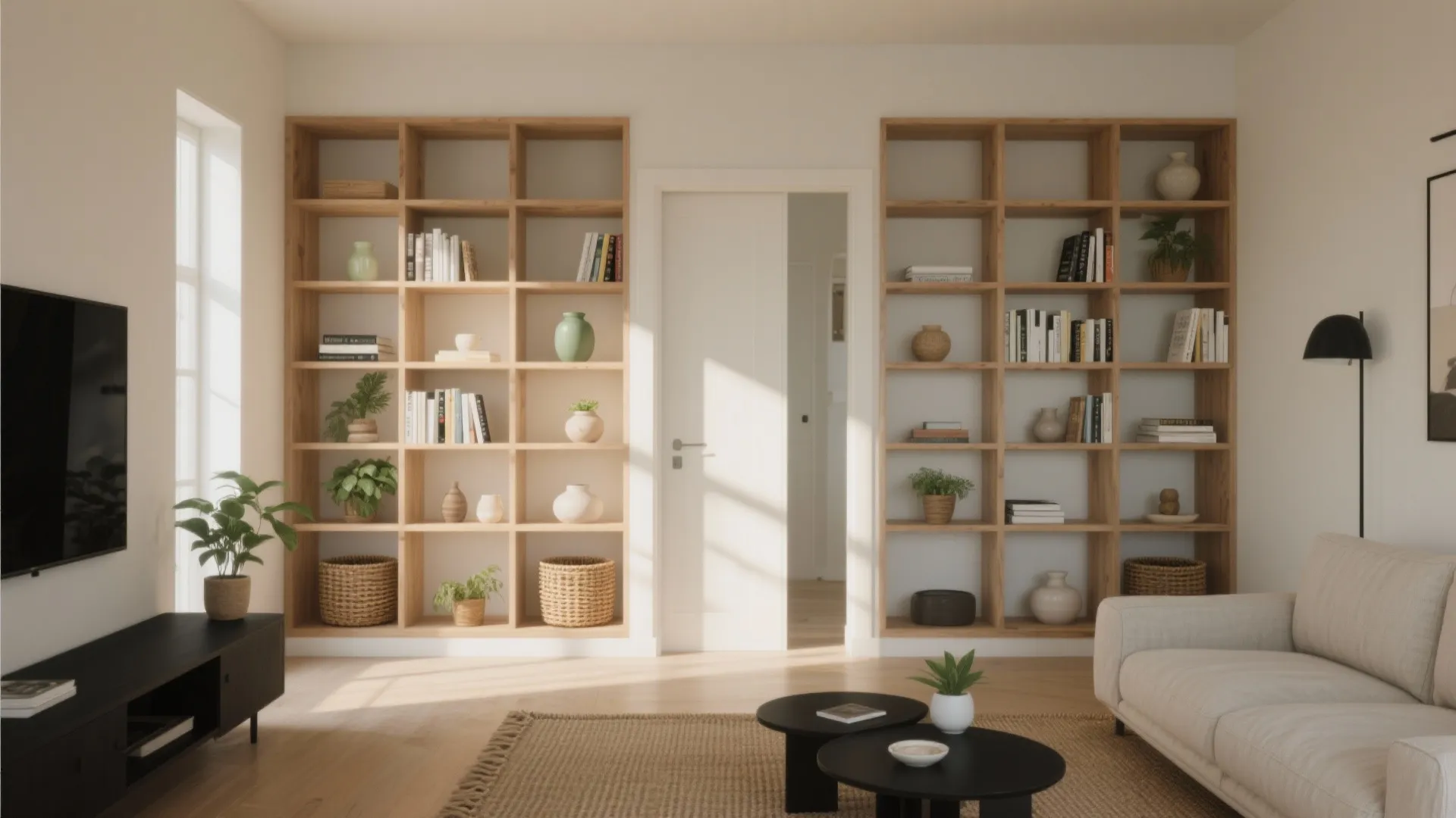 Living room featuring large wooden bookshelves flanking white door with sofa and black coffee tables
