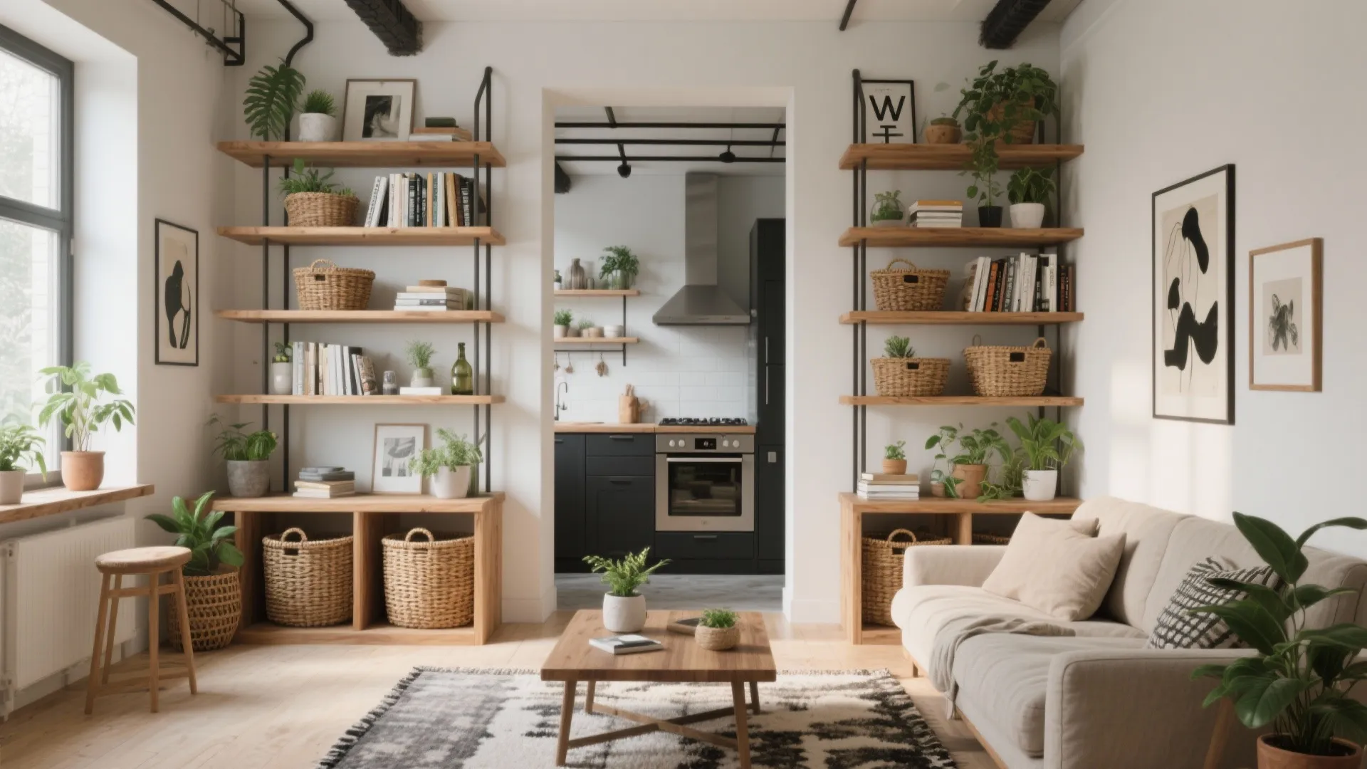 Bright living room with wooden shelves holding baskets and plants next to an open kitchen