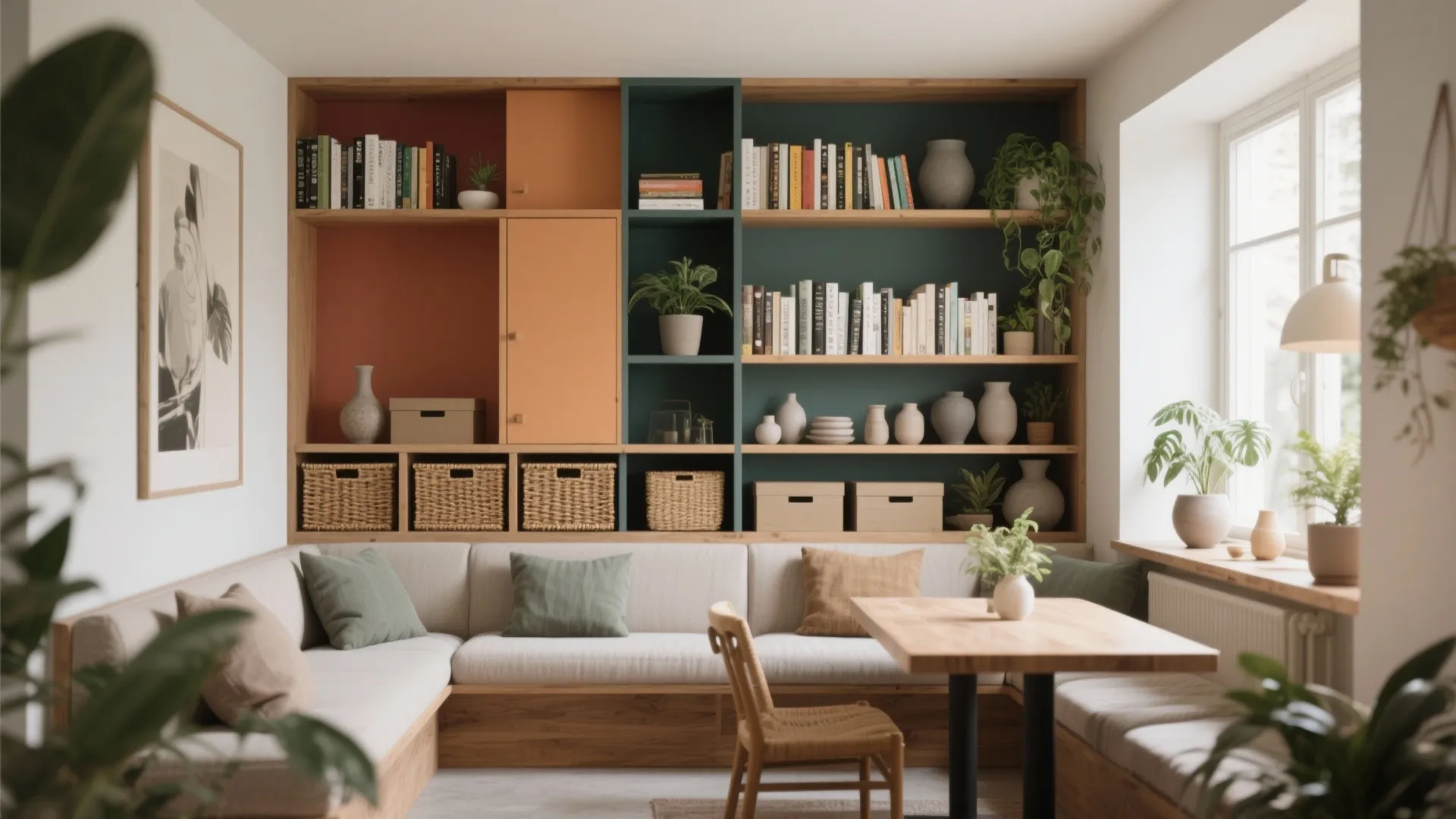 Wooden bookshelves with colorful back panels above a built-in sofa with pillows and wooden table