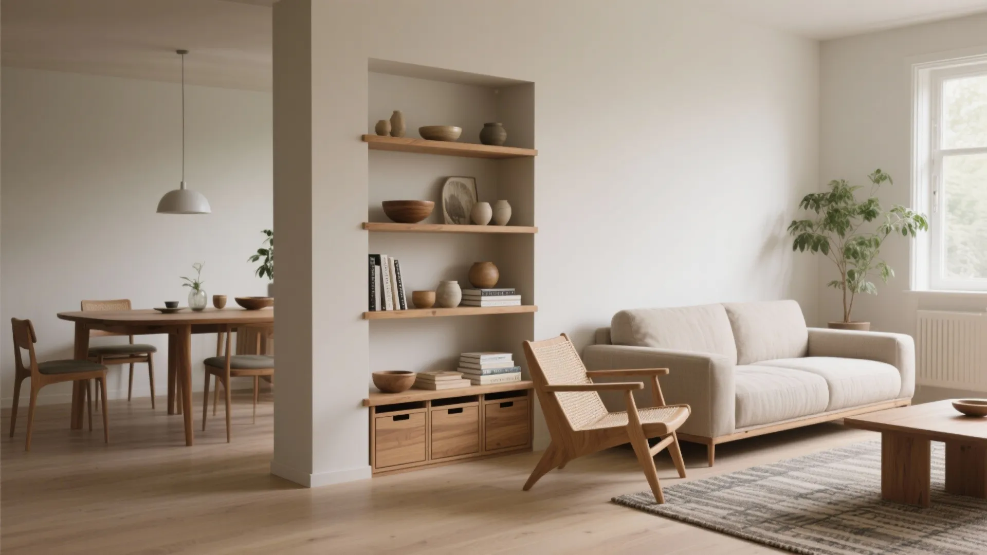 Minimalist home interior with wooden wall shelves beige sofa and dining table in open space