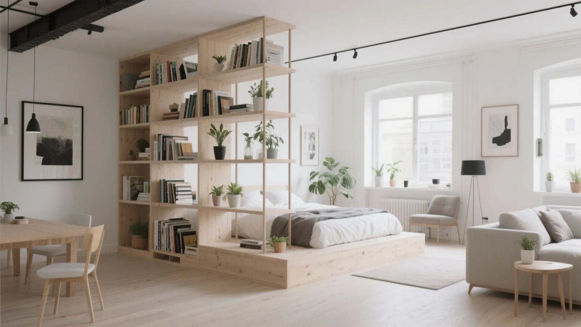 Loft apartment with open shelving acting as divider between bed and living area