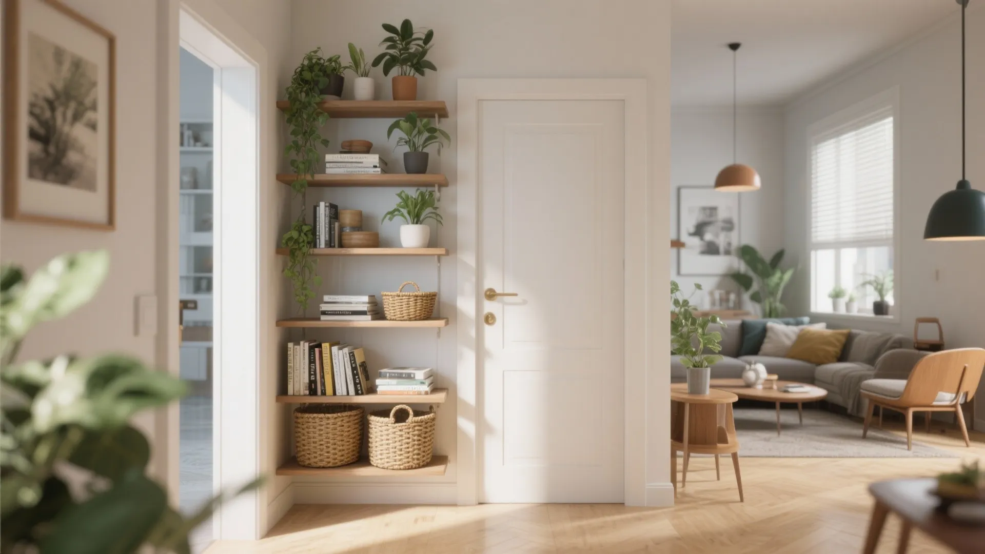 Mid-century style open shelving divides entry and living room