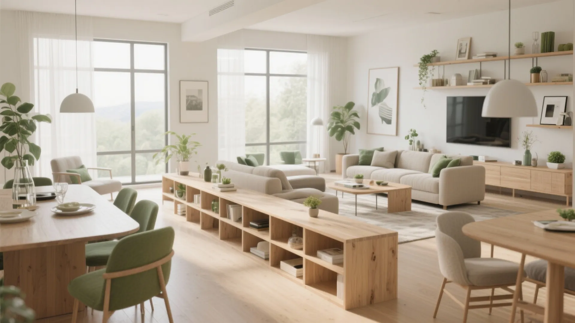 Large open plan living area with low wooden shelving unit separating dining and sitting spaces