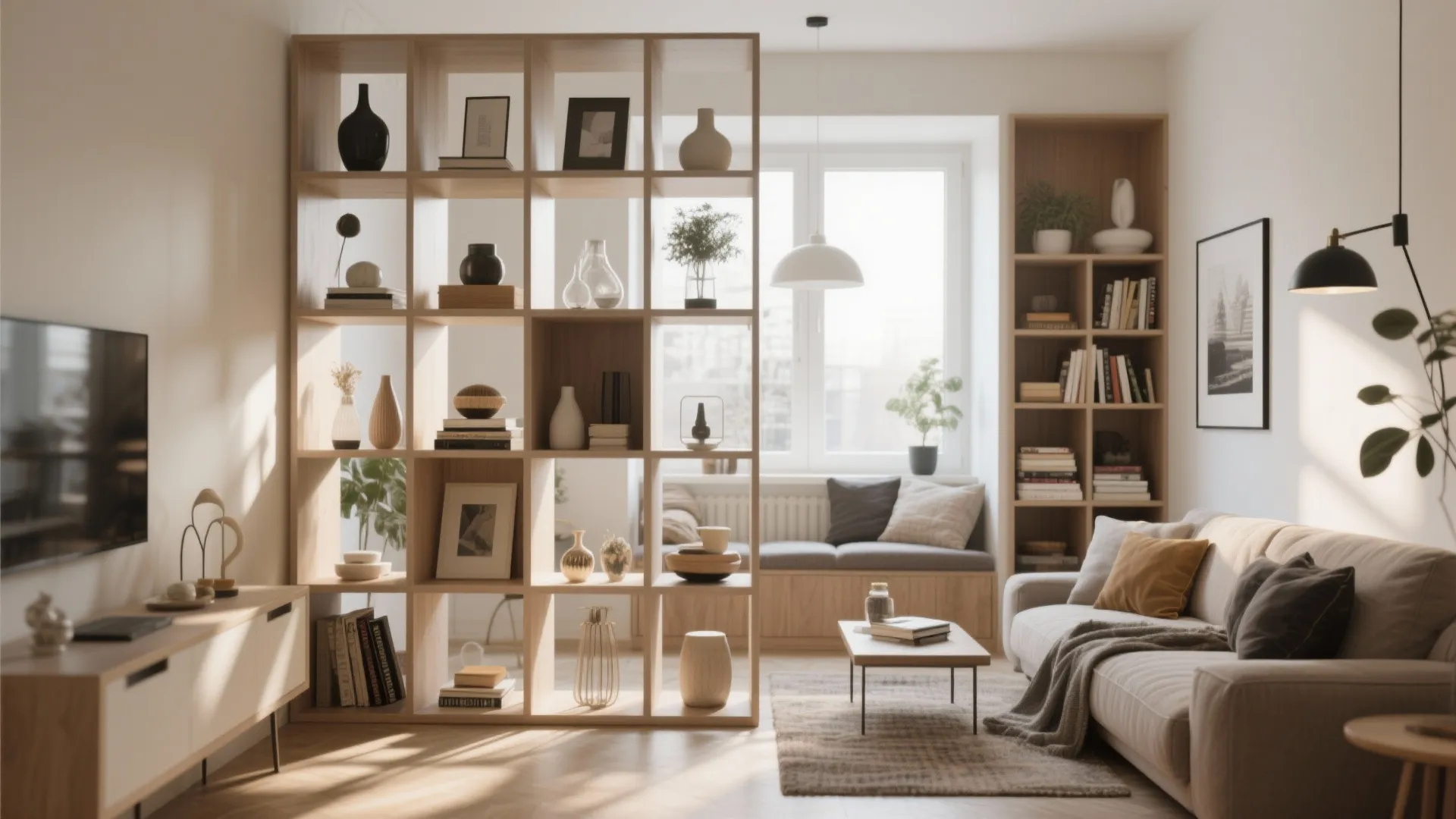 Modern living room with wood open shelf divider grey sofa and window seat with pillows
