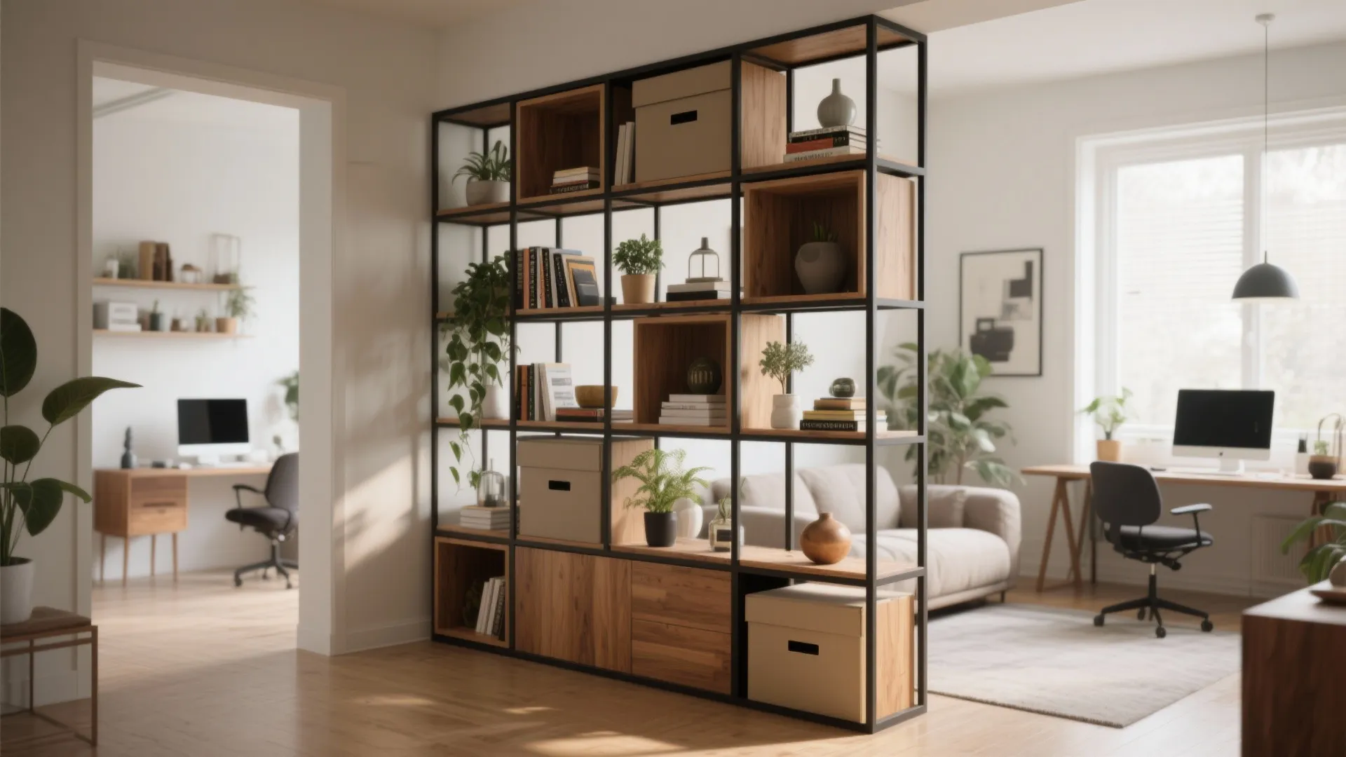 3. Open-shelf room divider for subtle separation