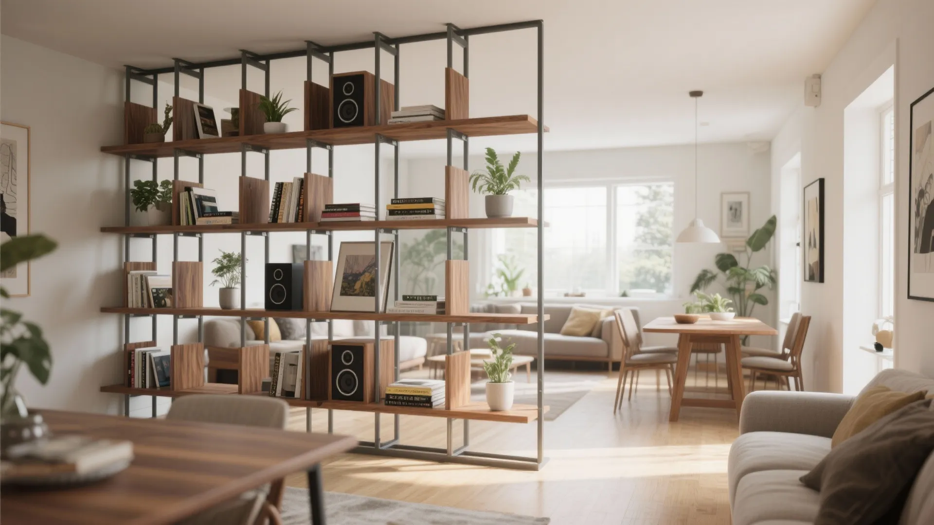 Modern open wood bookshelf used as a room divider between living area and dining space