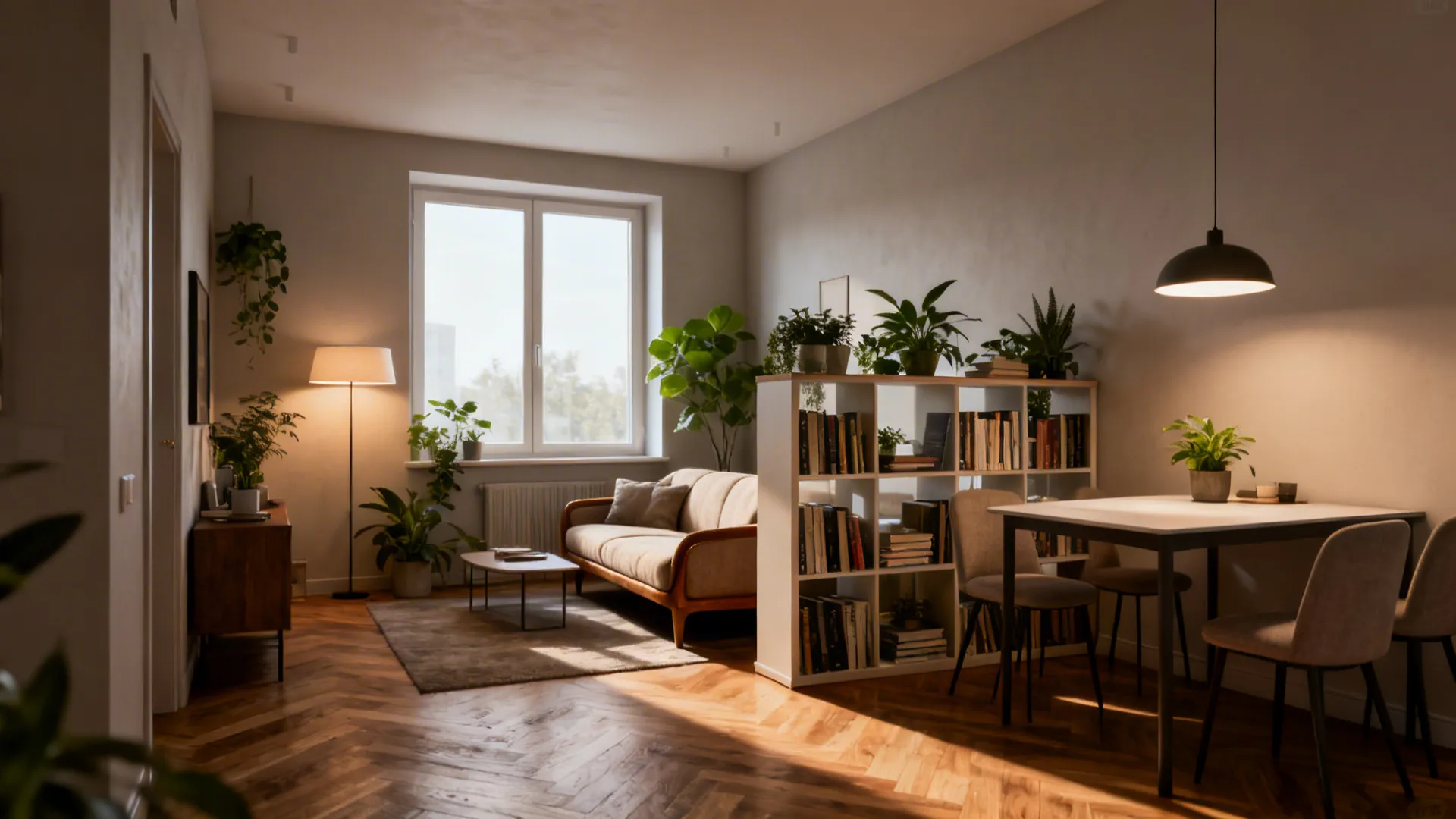 White bookshelf room divider separating a living area with sofa and dining table with chairs
