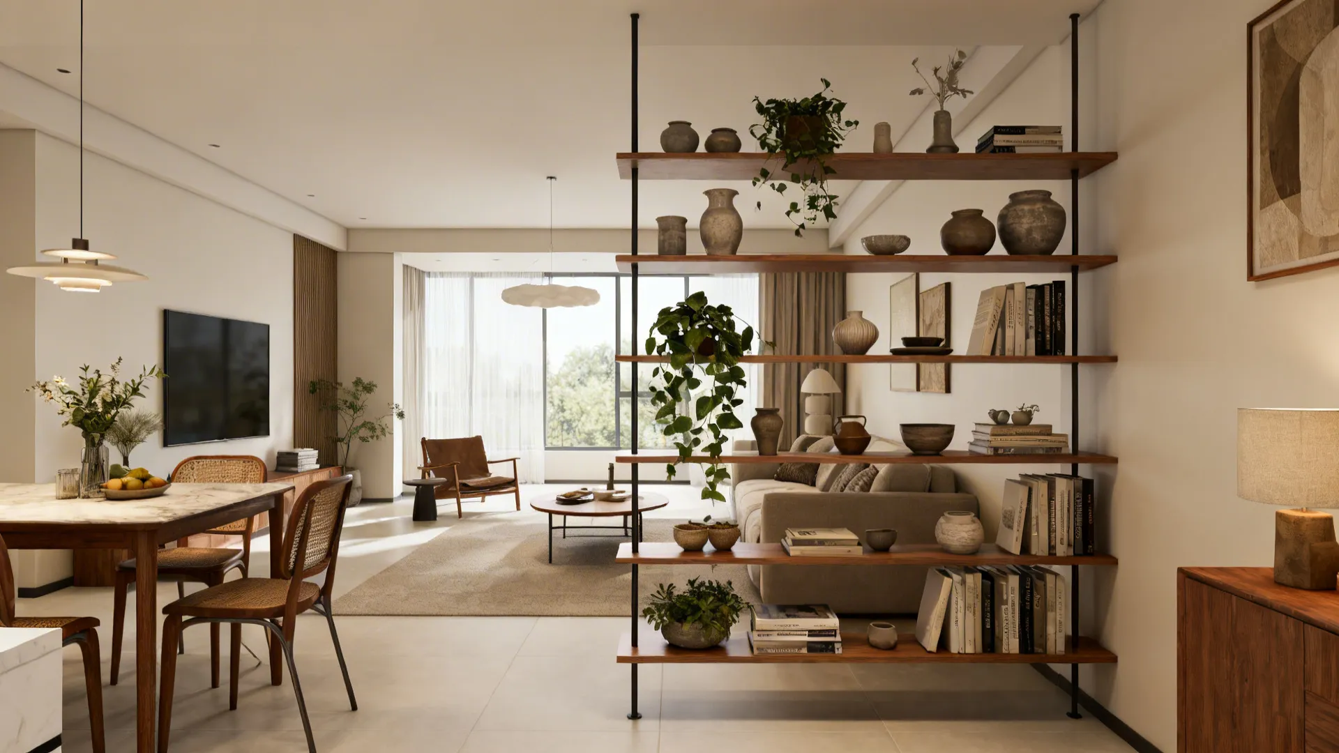 Shallow open shelving unit between dining and living areas holding ceramics, books, and plants