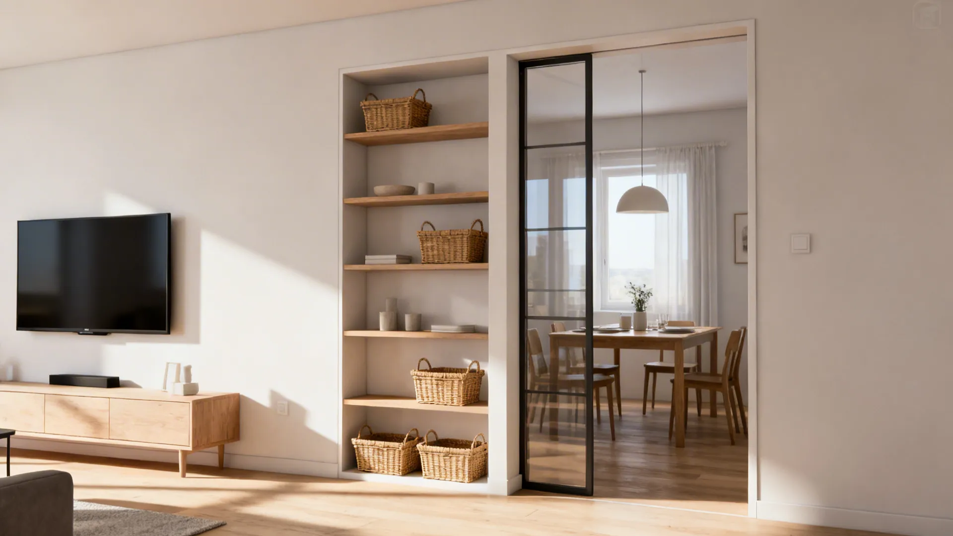 Slim open shelving divider separating living and dining zones while keeping TV sightlines clear.