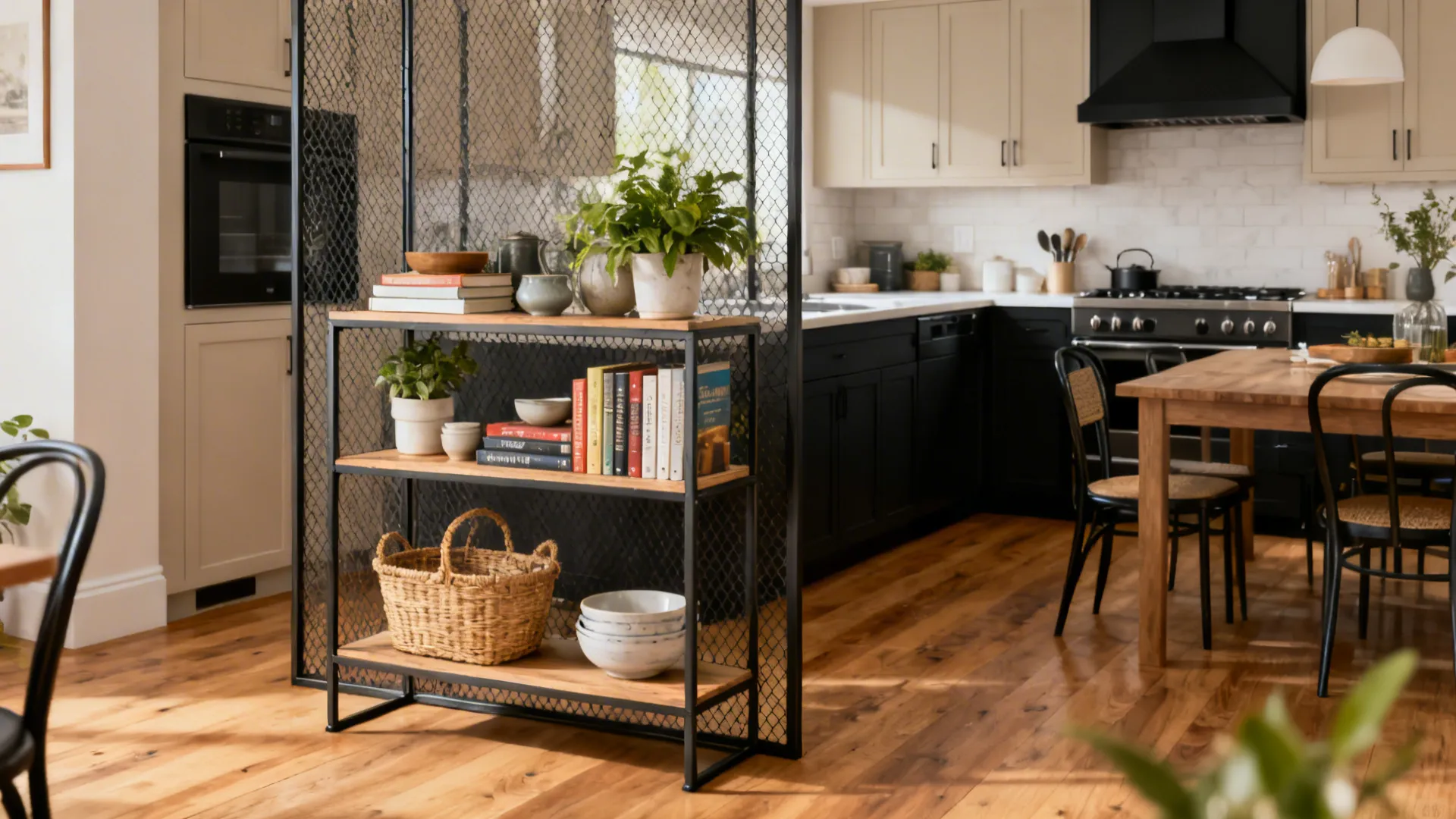 Freestanding open shelving softly separates a small kitchen and dining area.