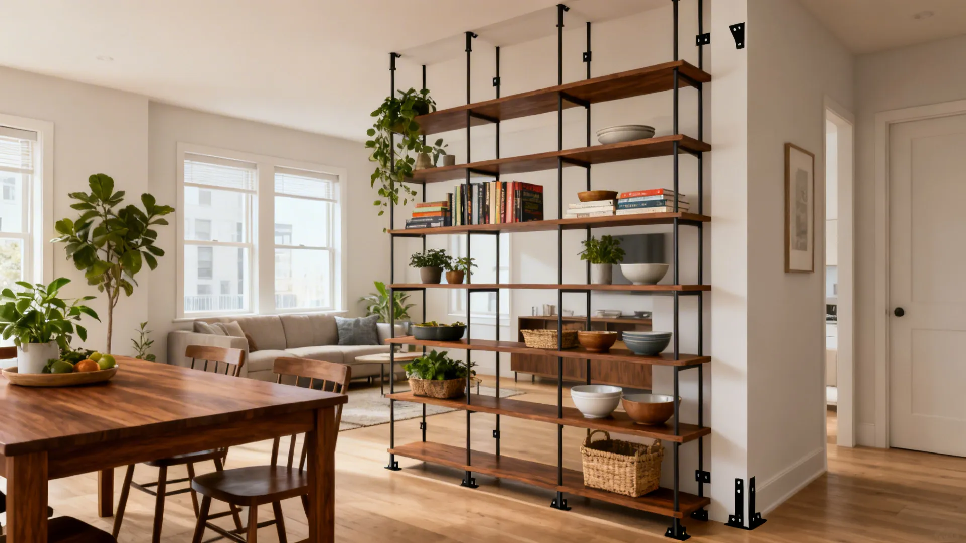 Backless open shelving divides living and dining, styled with plants and books under soft daylight.