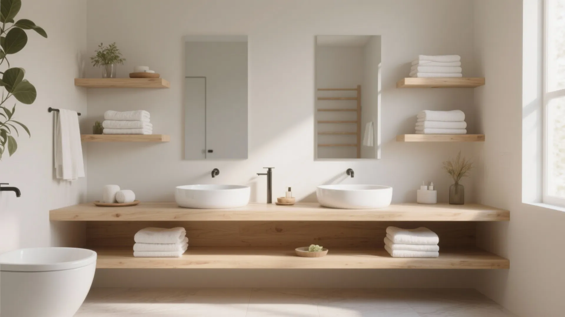 Open-shelf double sink vanity with stacked white towels