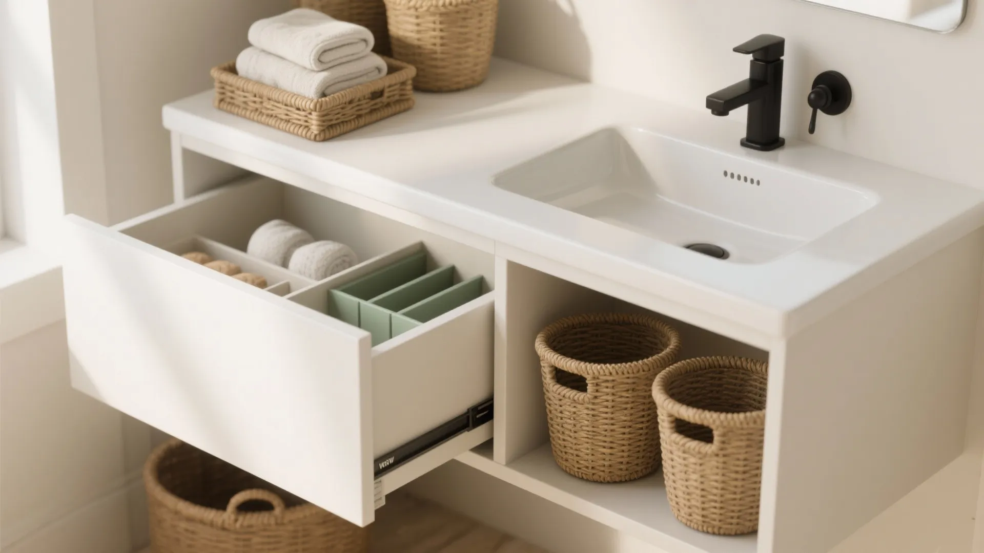 Modern white bathroom sink with open drawer organizer and woven baskets for neat bathroom storage space