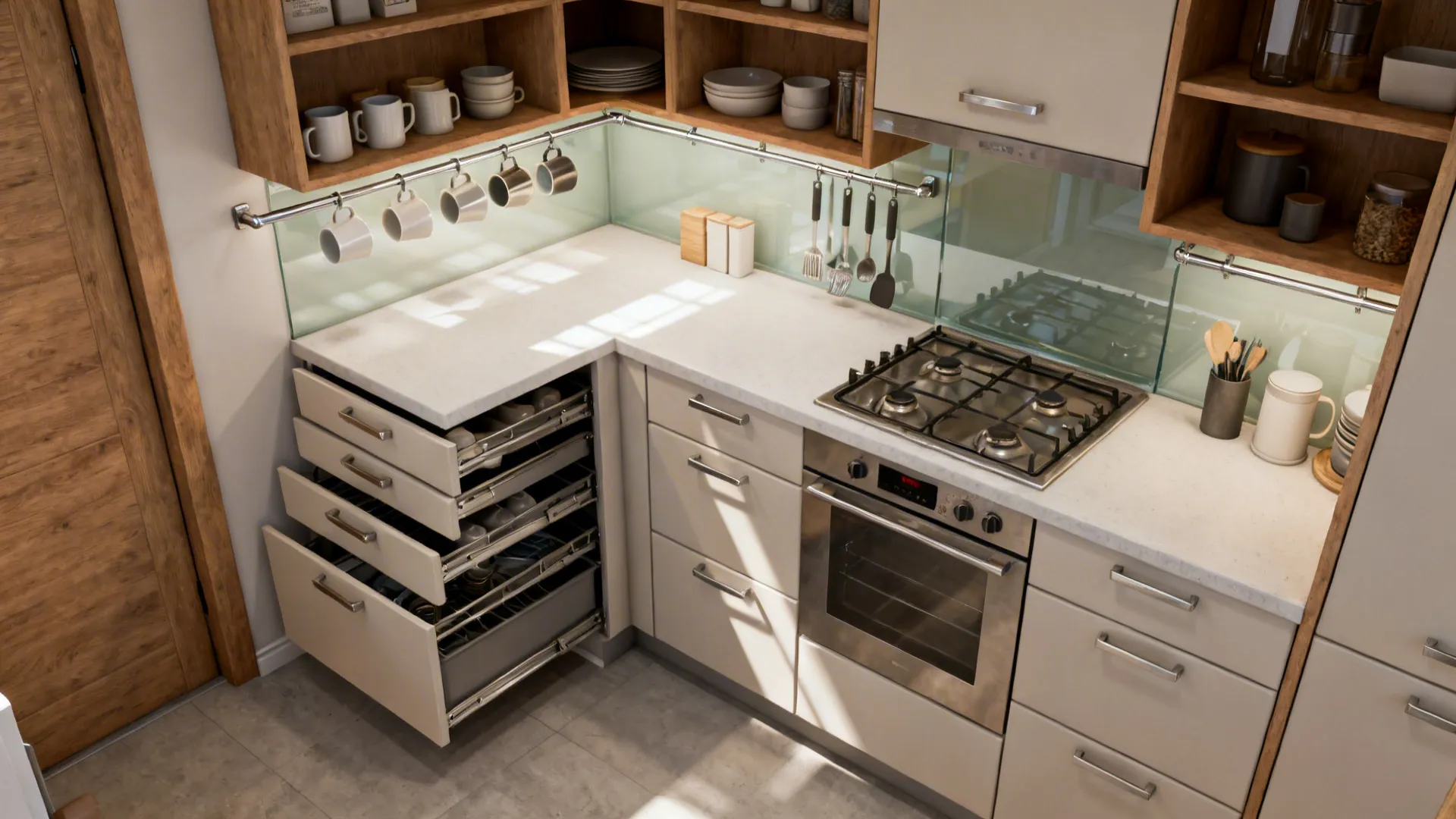 Top-down view of drawer-heavy base cabinets with open shelves and a slim rail in a compact kitchen.