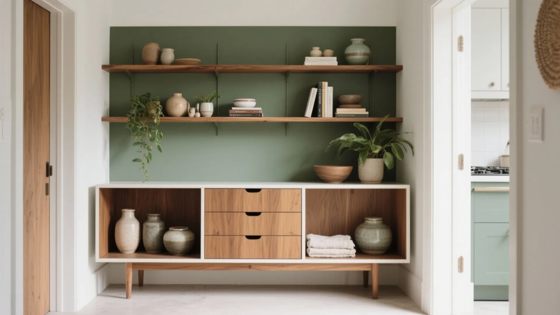 Modern wood cabinet with open shelves against a green wall featuring various decorative ceramic vases