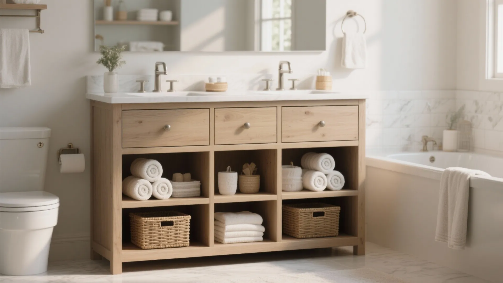 Light wood bathroom cabinet with open shelves holding white towels baskets and double sink faucets