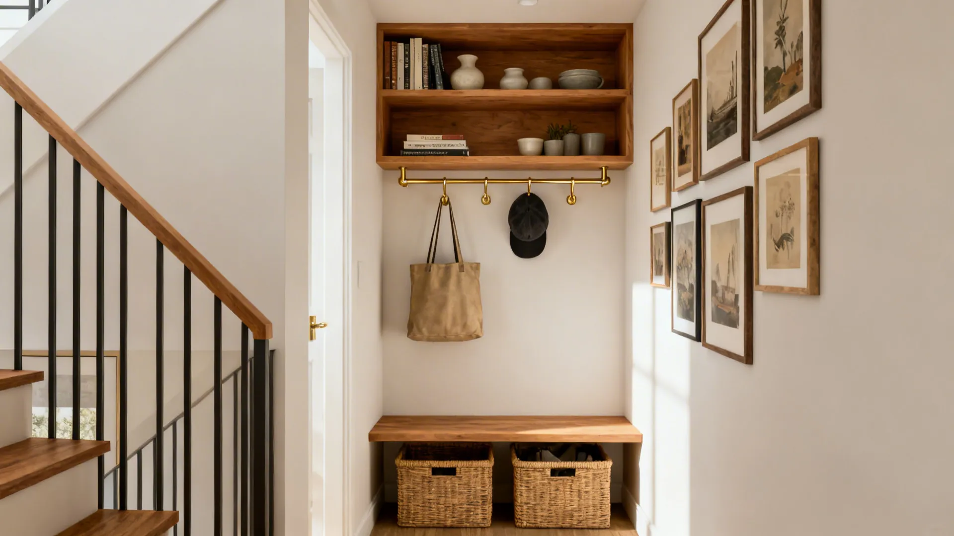 Micro-loft entry with pine shelves, brass hooks, a narrow console, and baskets creating a styled drop zone.