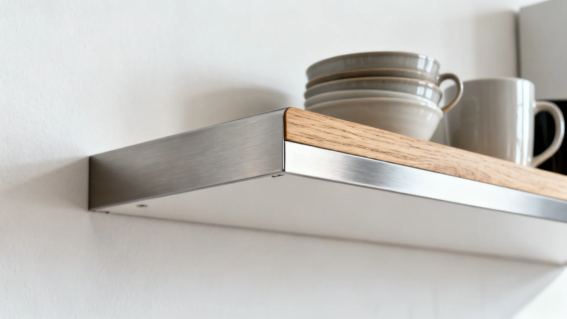 Macro of open shelf with solid wood or aluminum edge holding daily-use mugs.