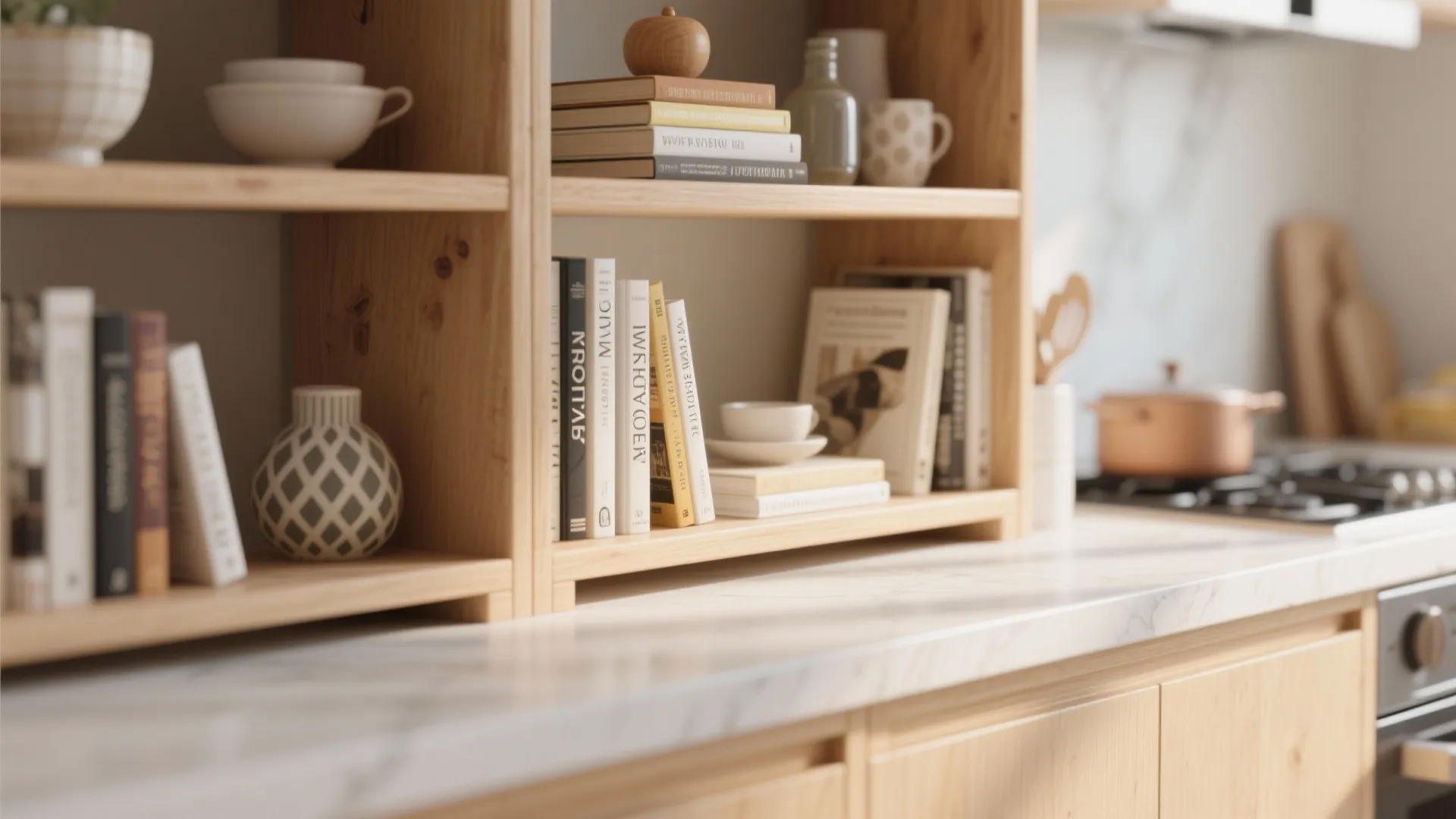 Close up view of wooden open shelves with books decorative vases and marble kitchen counter top