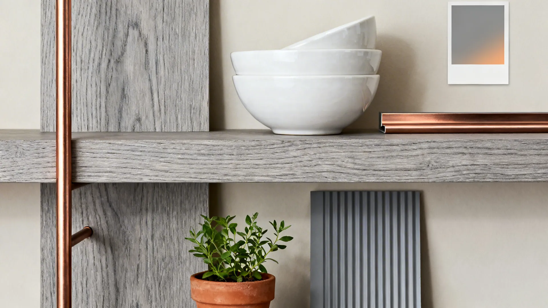 Textured Grey + Copper Open Shelving Moments