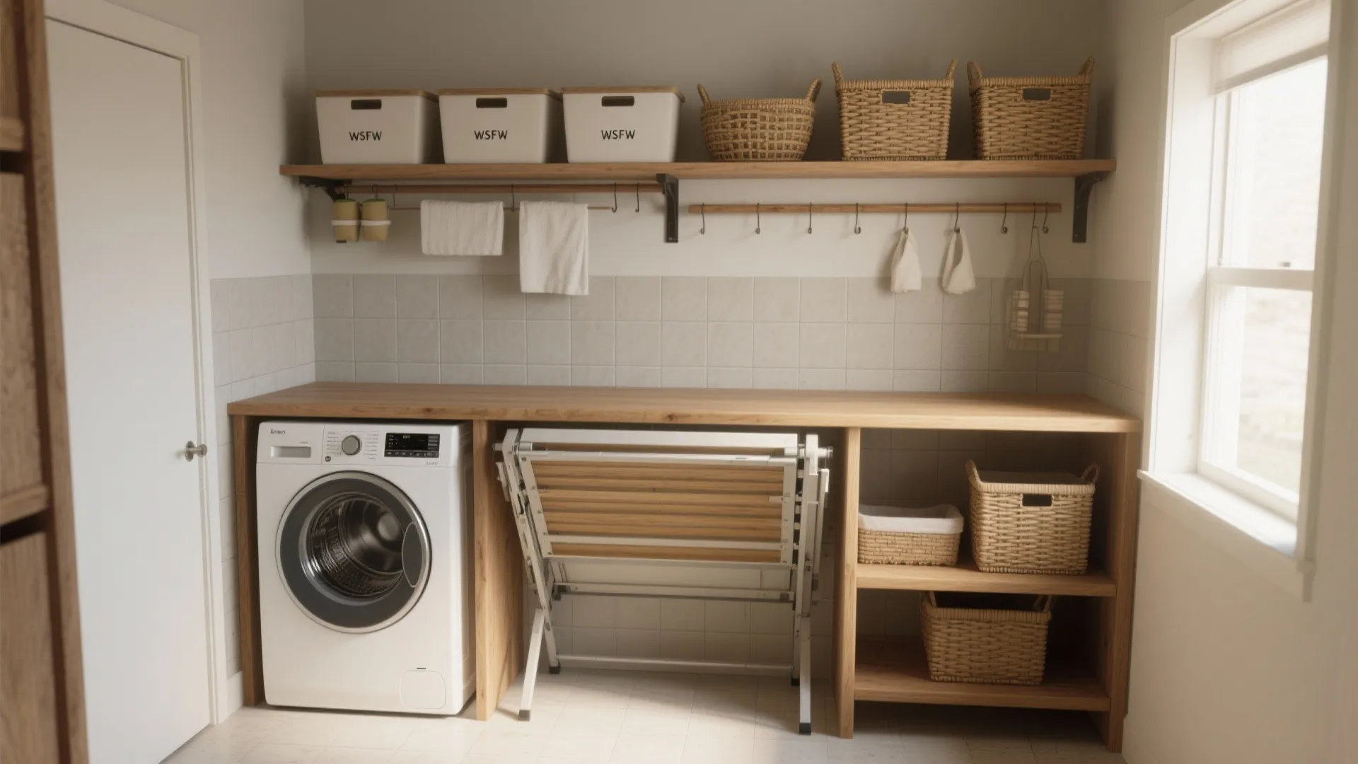 Laundry room with washing machine under wooden counter and open shelves with many storage baskets