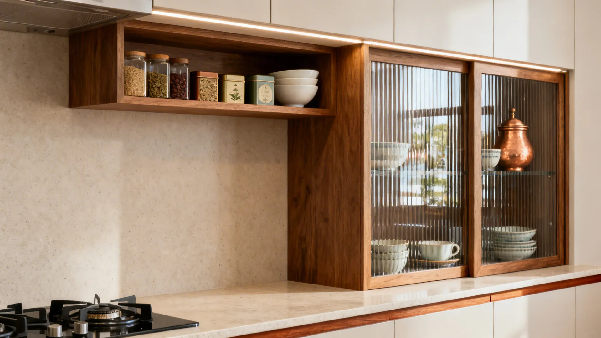 Open wood shelves for daily items paired with fluted-glass cabinets displaying copper and ceramic pieces.
