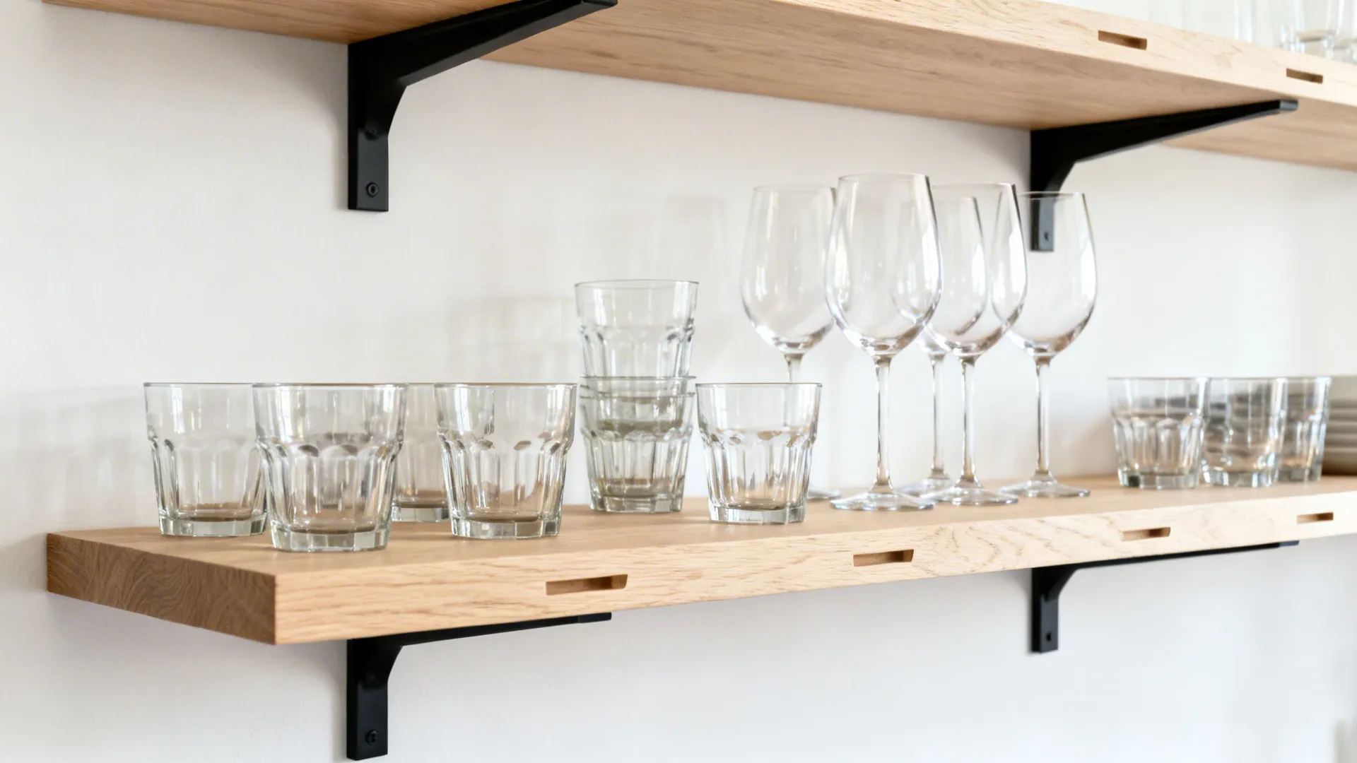 Wooden wall shelf holding rows of clear drinking glasses and wine glasses against white wall background