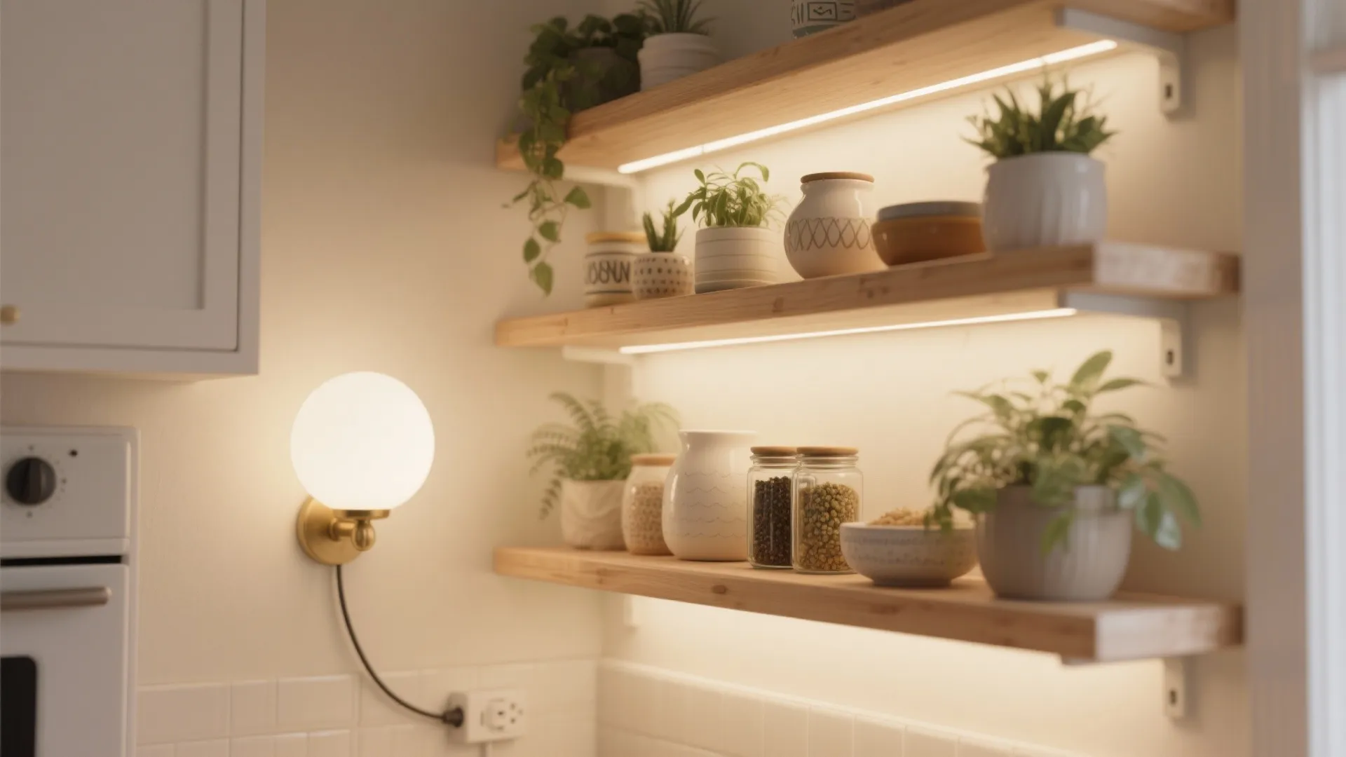 3) Globe wall lights as open-shelf companions