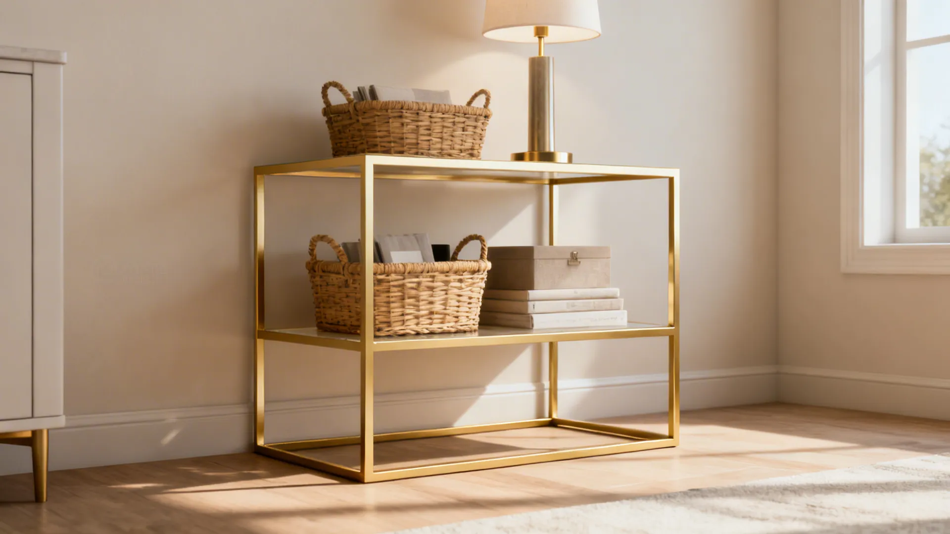Open-shelf gold frame end table styled with baskets and a lamp in a compact living area.