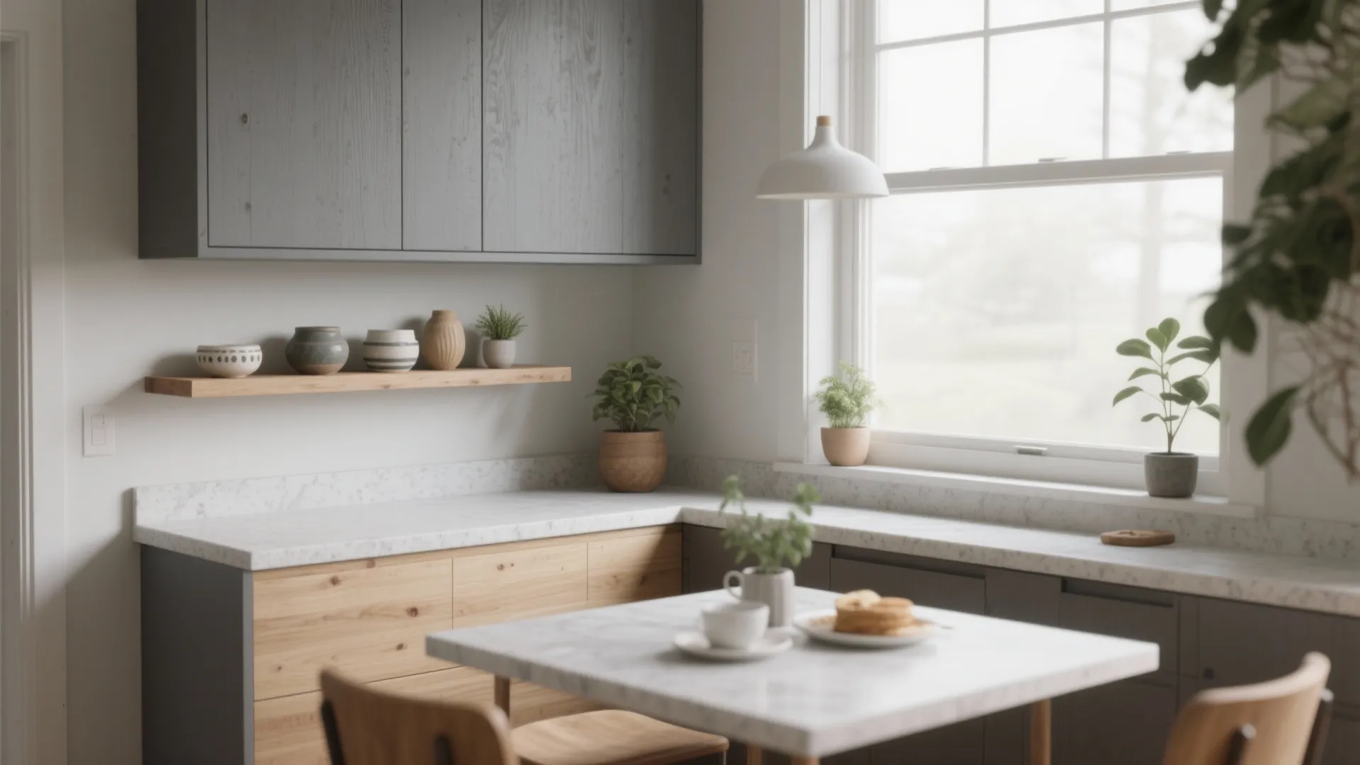 Modern kitchen with gray cabinets wooden shelf white marble countertop ceiling light and large windows