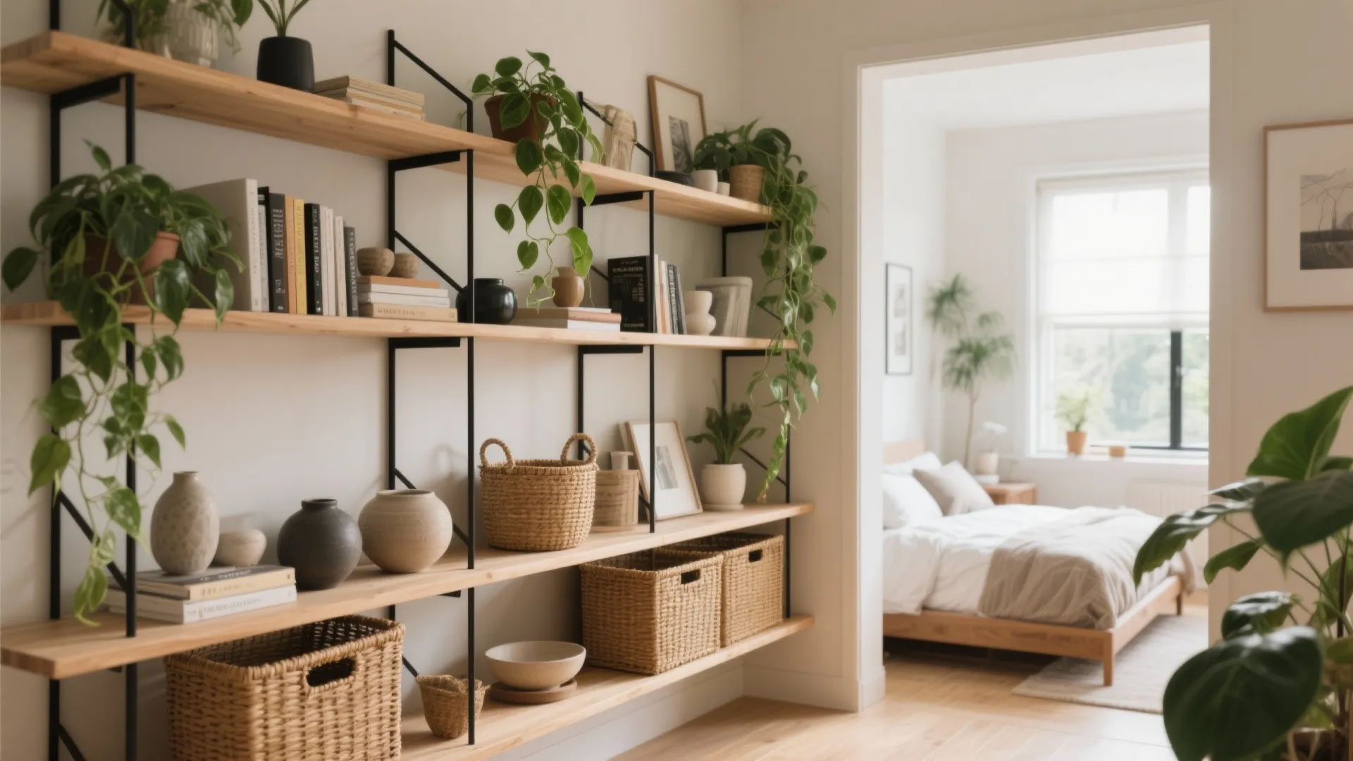 Open Shelving Divider with Greenery