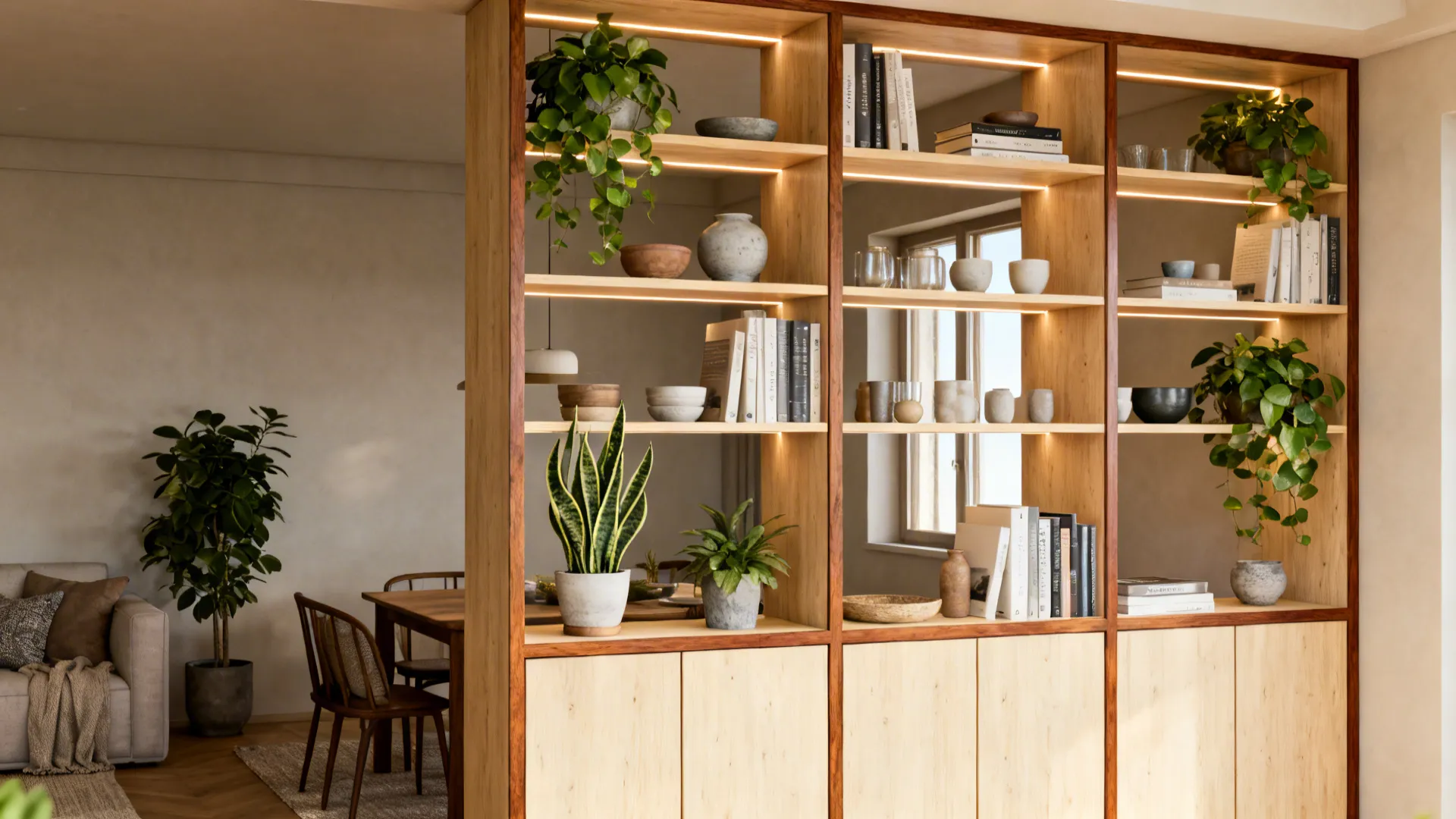Open shelving divider with plants and books softly separates living and dining.